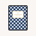 An iPad displays the Simplified 2025-2026 Digital Teacher Planner, featuring a blue and white checkered cover with a gold-bordered label, on a plain light background.