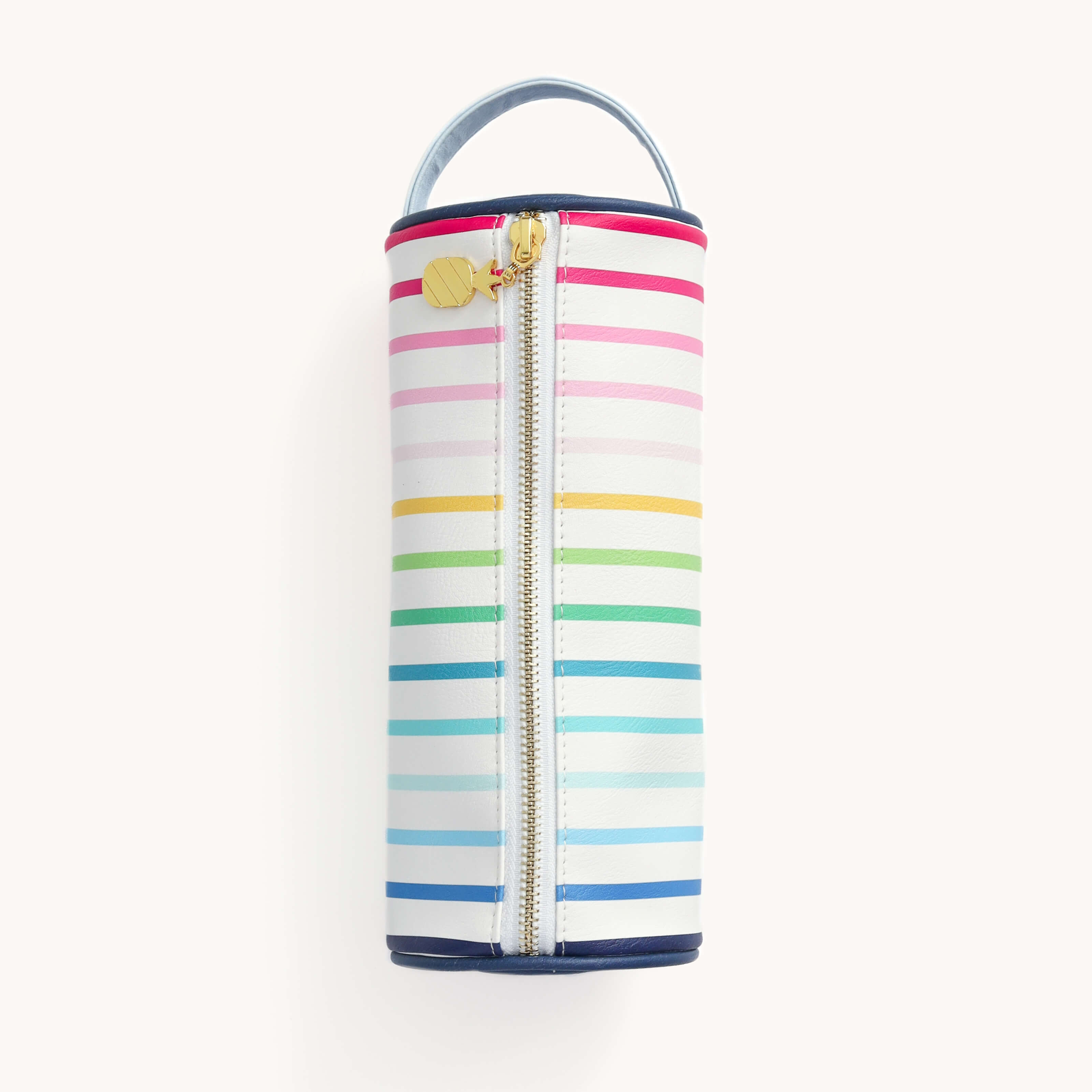 The Simplified Pen Case - Happy Stripe is cylindrical with a vertical zipper and top handle, adorned with horizontal stripes in pink, red, orange, green, blue, and yellow. A small round gold charm hangs from the pull.