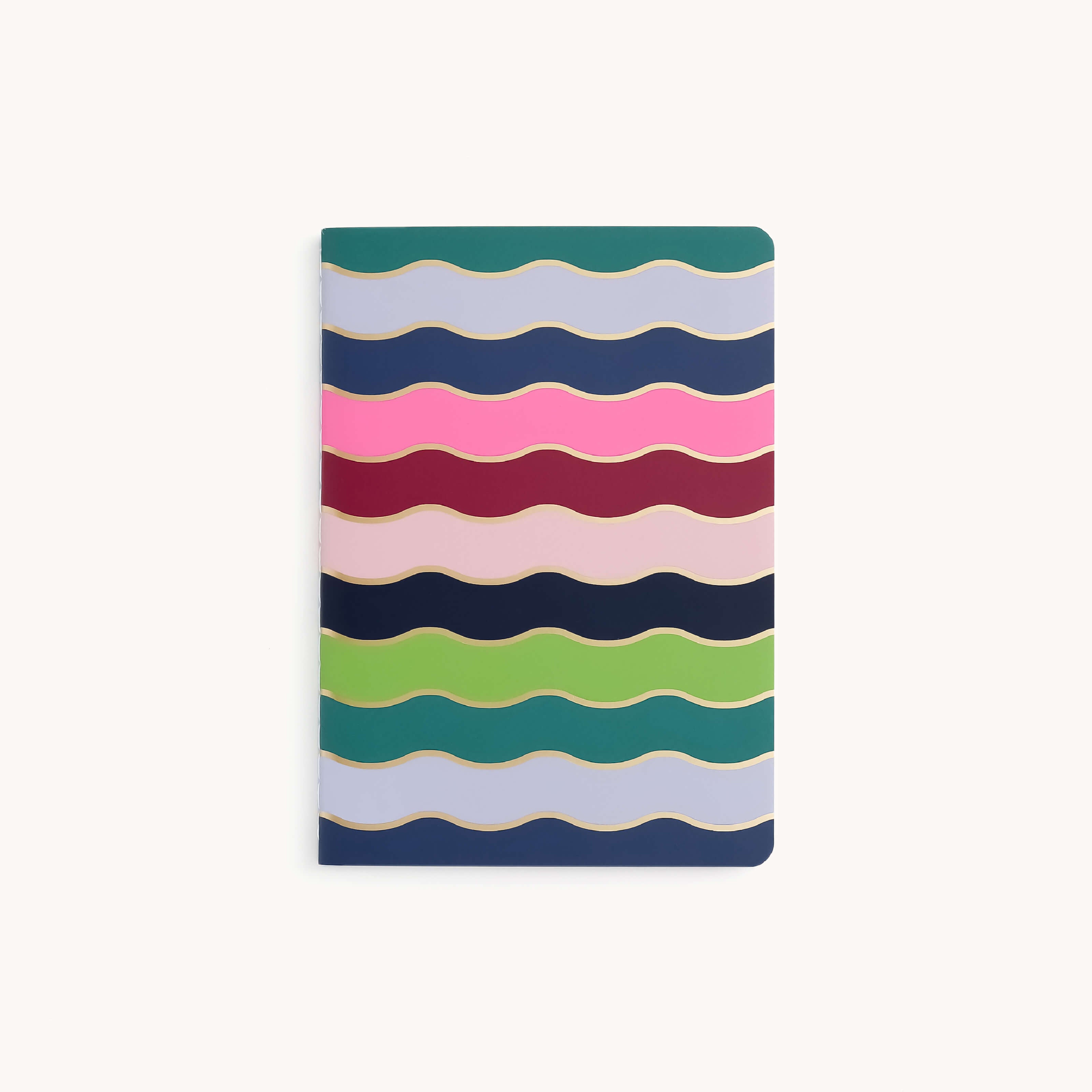 The Mini Notebook - Rainbow Row by Simplified showcases a custom design of horizontal wavy stripes in vibrant colors like green, blue, pink, and purple on a white background. Its thick paper cover combines durability with style.