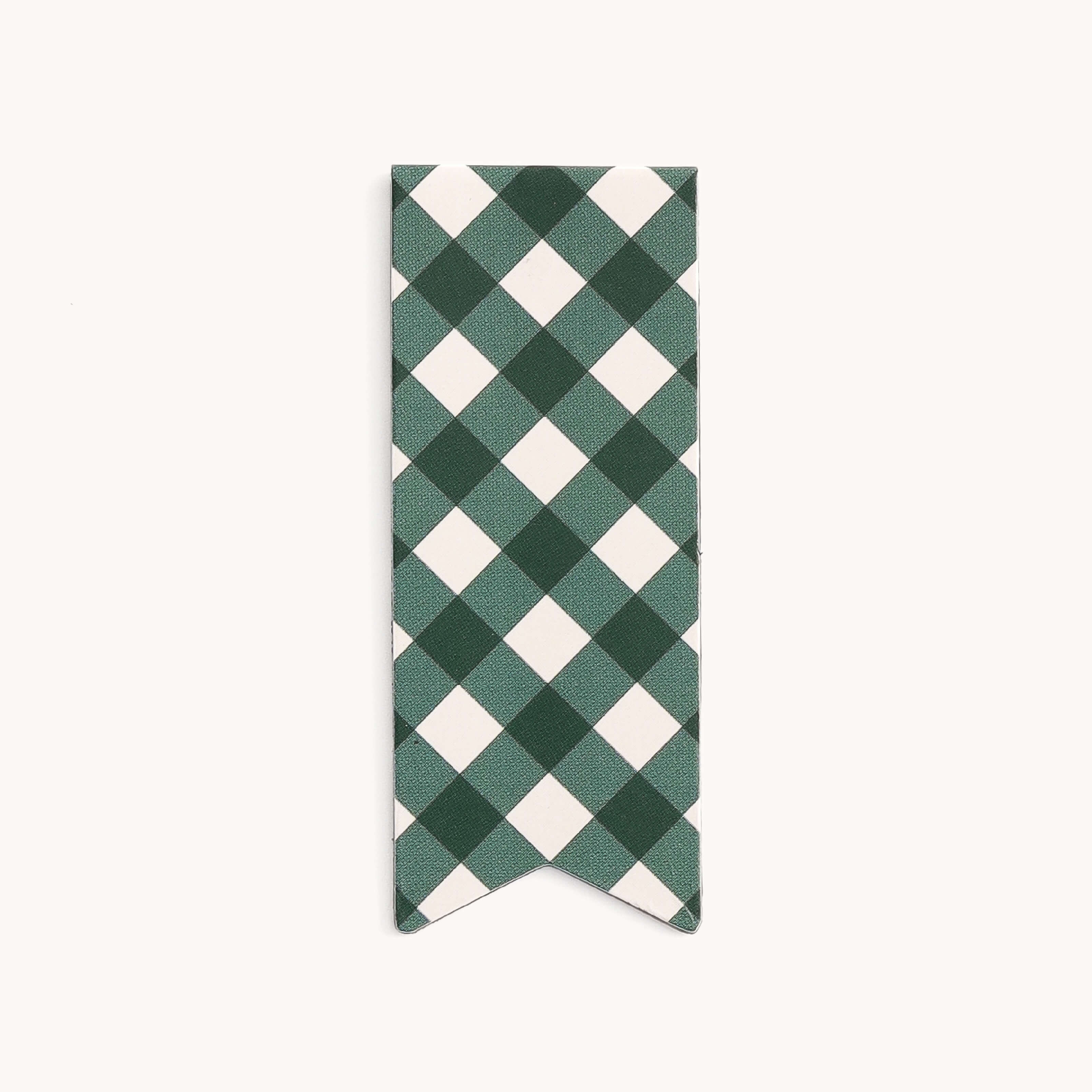 The Simplified Page Marker - Camp Gingham is a green and white checkered bookmark featuring a diamond pattern with a V-notch at the bottom, resembling a flag-shaped magnetic page marker on a white background. Perfect for marking your place in any planner.