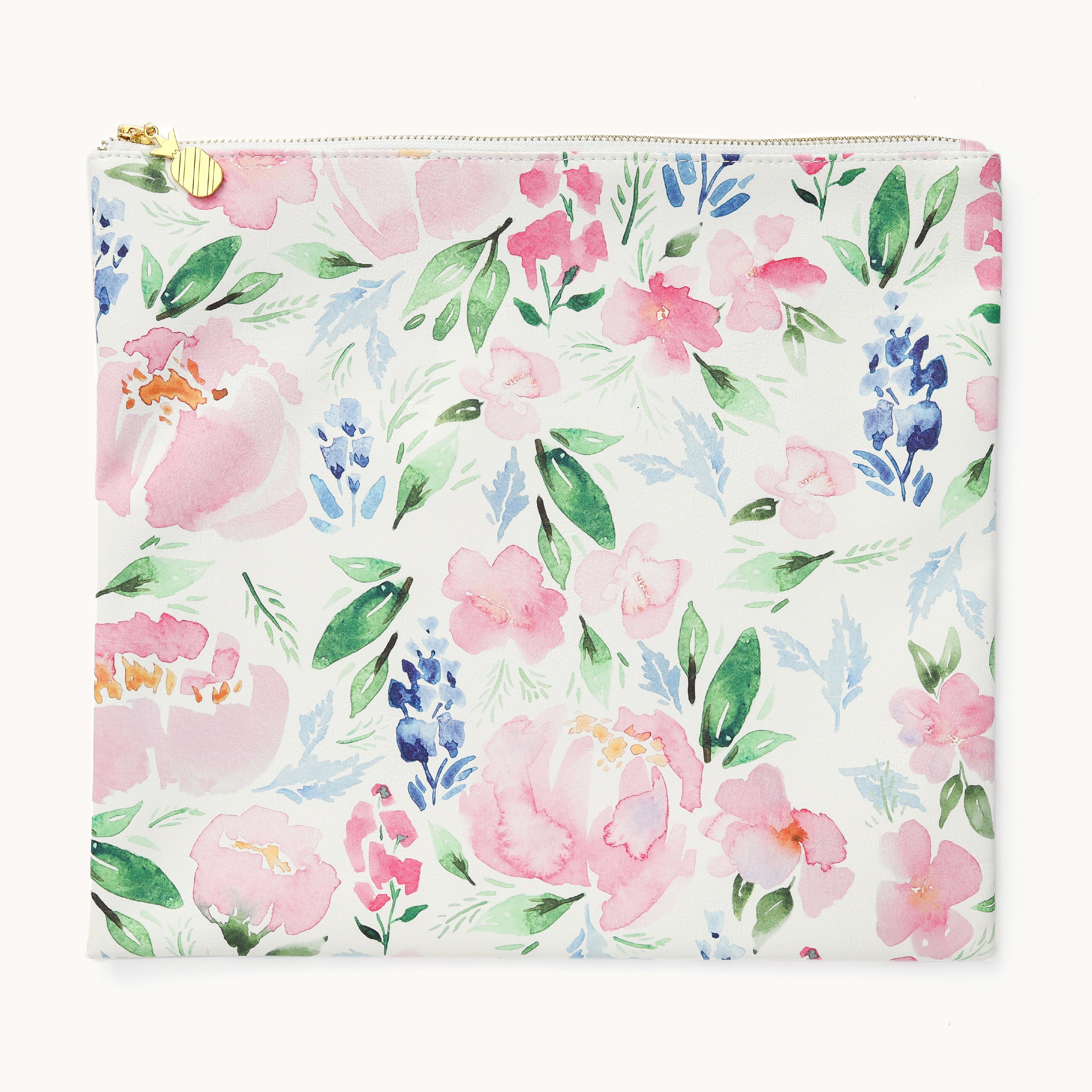 Simplifieds Planner Pouch - Cottage Floral offers a stylish storage solution, featuring a durable leatherette design with watercolor-style pink, blue, and green flowers on a white background, and finished with a chic gold zipper closure.