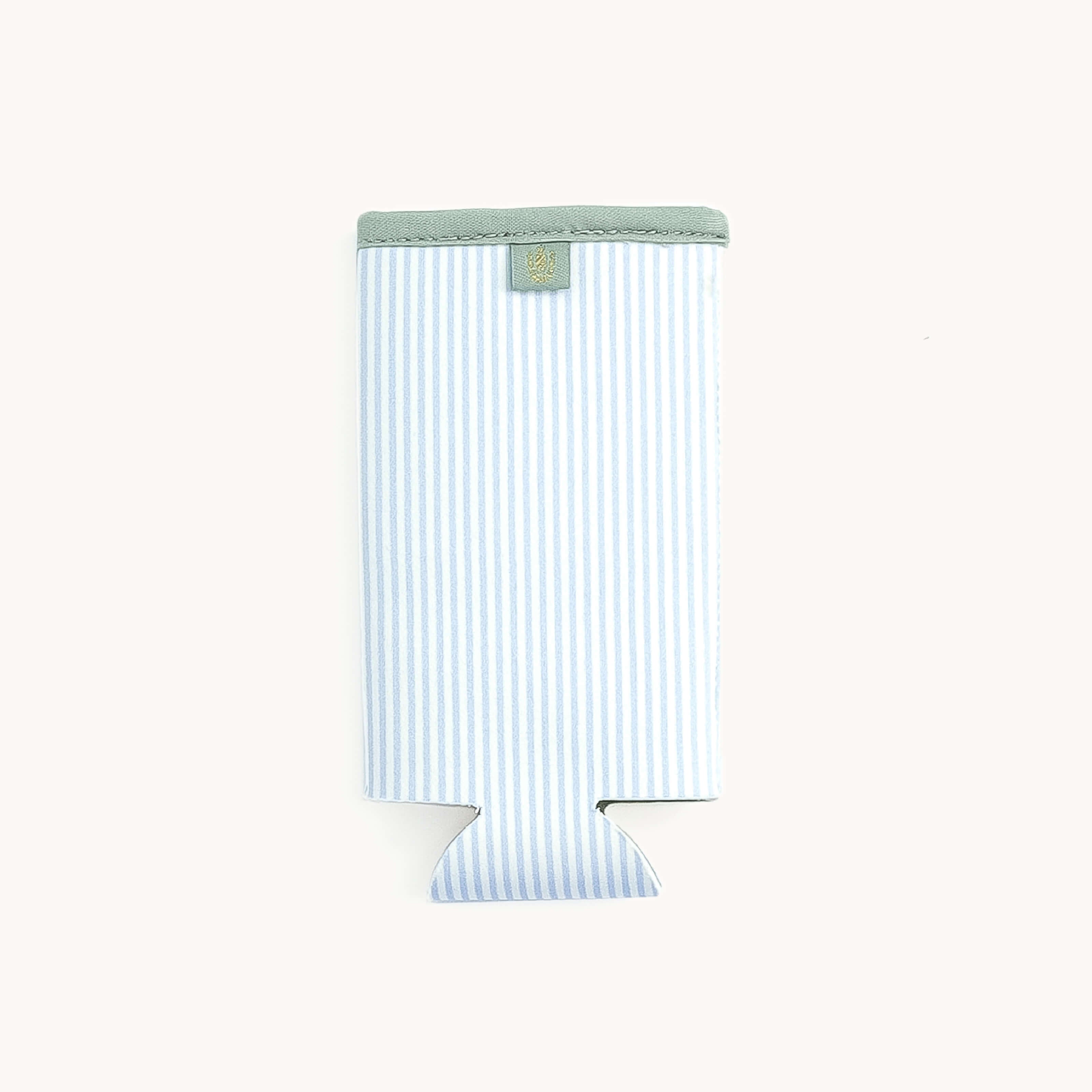 Empty Blue Pinstripe Can Cooler on a white background