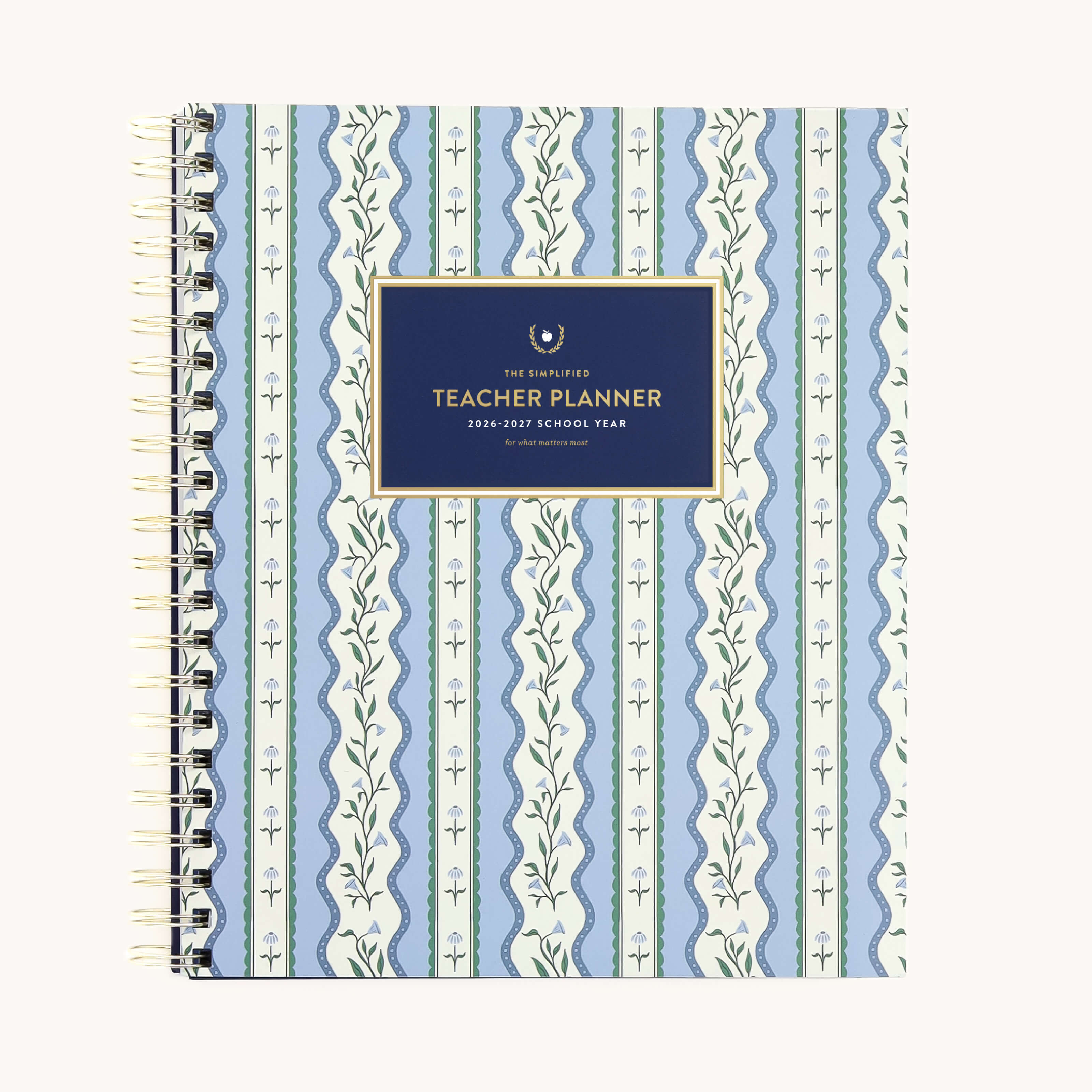 Floral Stripe softcover teacher planner cover with blue and green striped floral pattern and classic, professional design