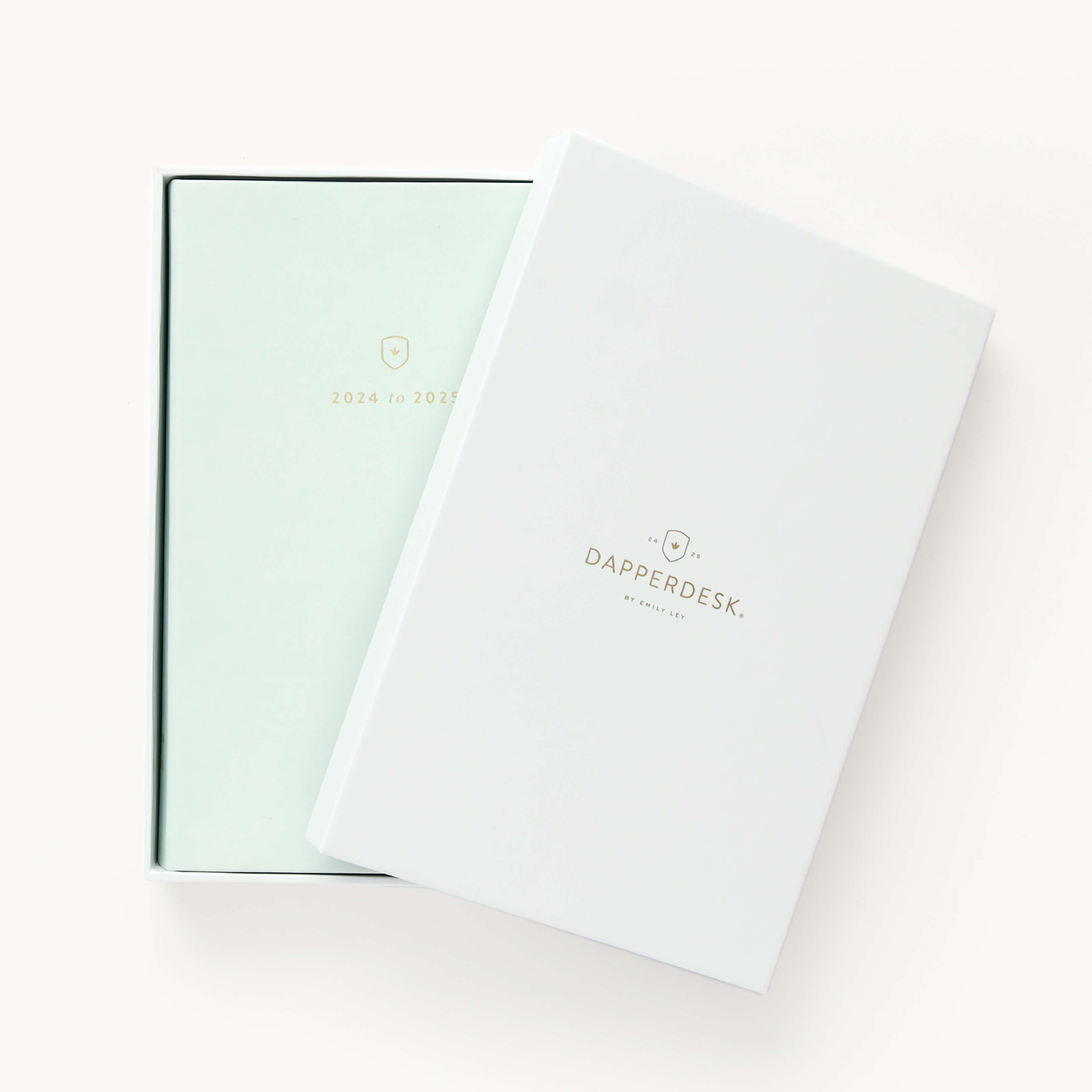 2024-2025 Academic Year Daily Dapperdesk Planner by Emily Ley featuring the Sea Salt leatherette cover, placed inside a beautiful keepsake box with gold foil detailing designed for stylish storage.