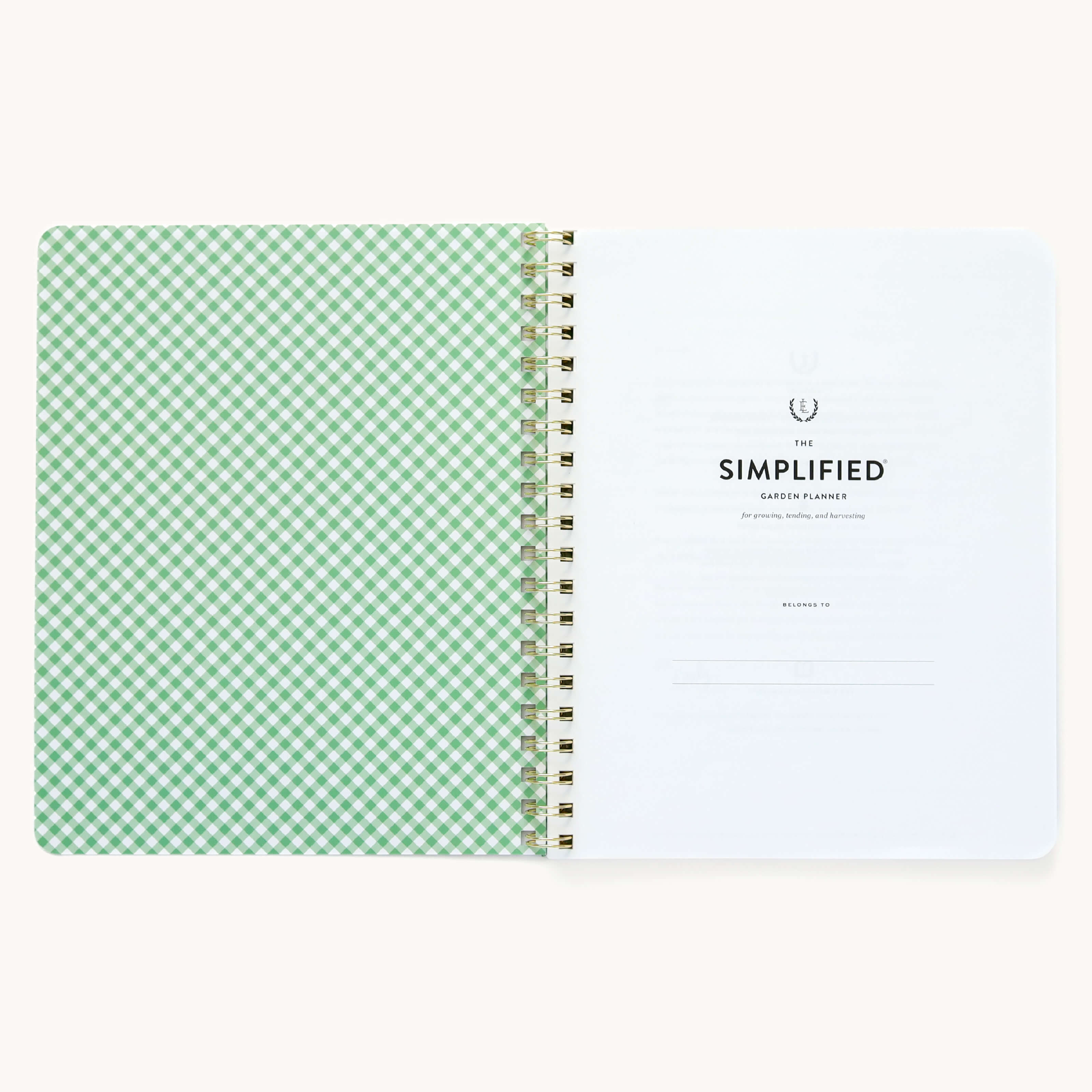 Simplified Garden Planner open, displaying the inside green gingham liner