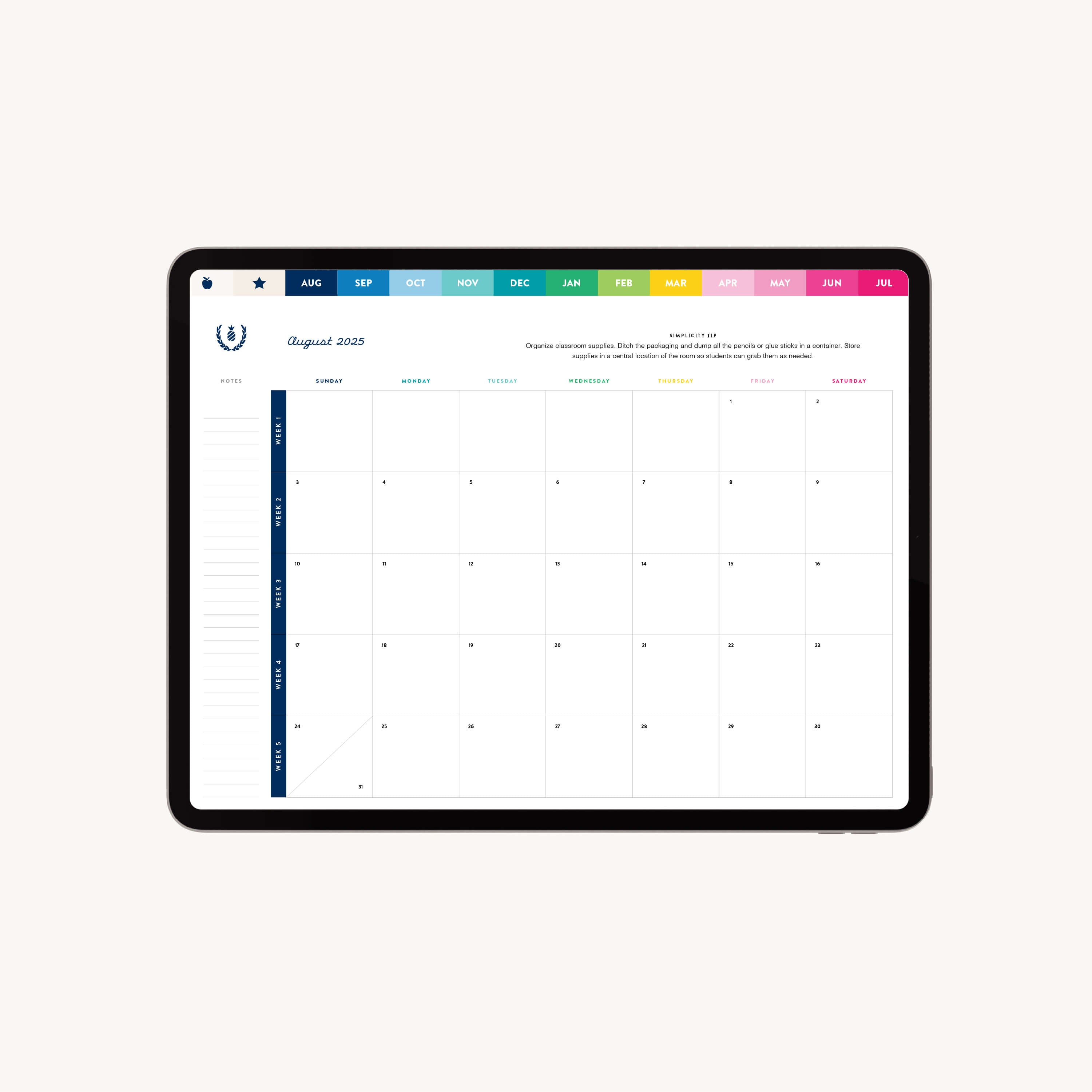 A Simplified 2025-2026 Digital Teacher Planner for iPads displays a blank August calendar. Colored tabs mark months at the top, while days of the week appear in blue, green, yellow, pink, and red columns.