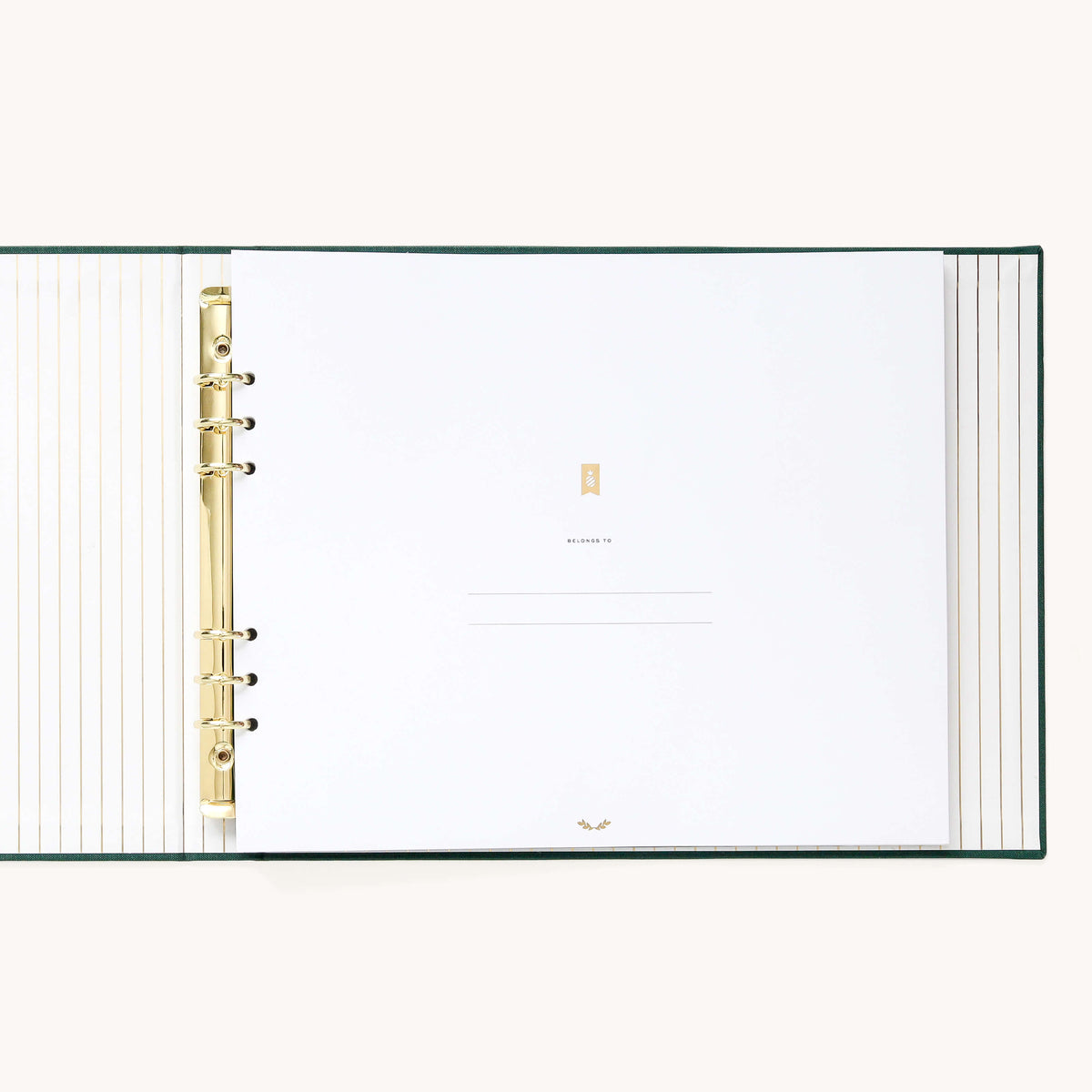 Evergreen Holiday Memories Book open to the Belongs To cover page, with a gold foil striped liner and gold o-ring binder