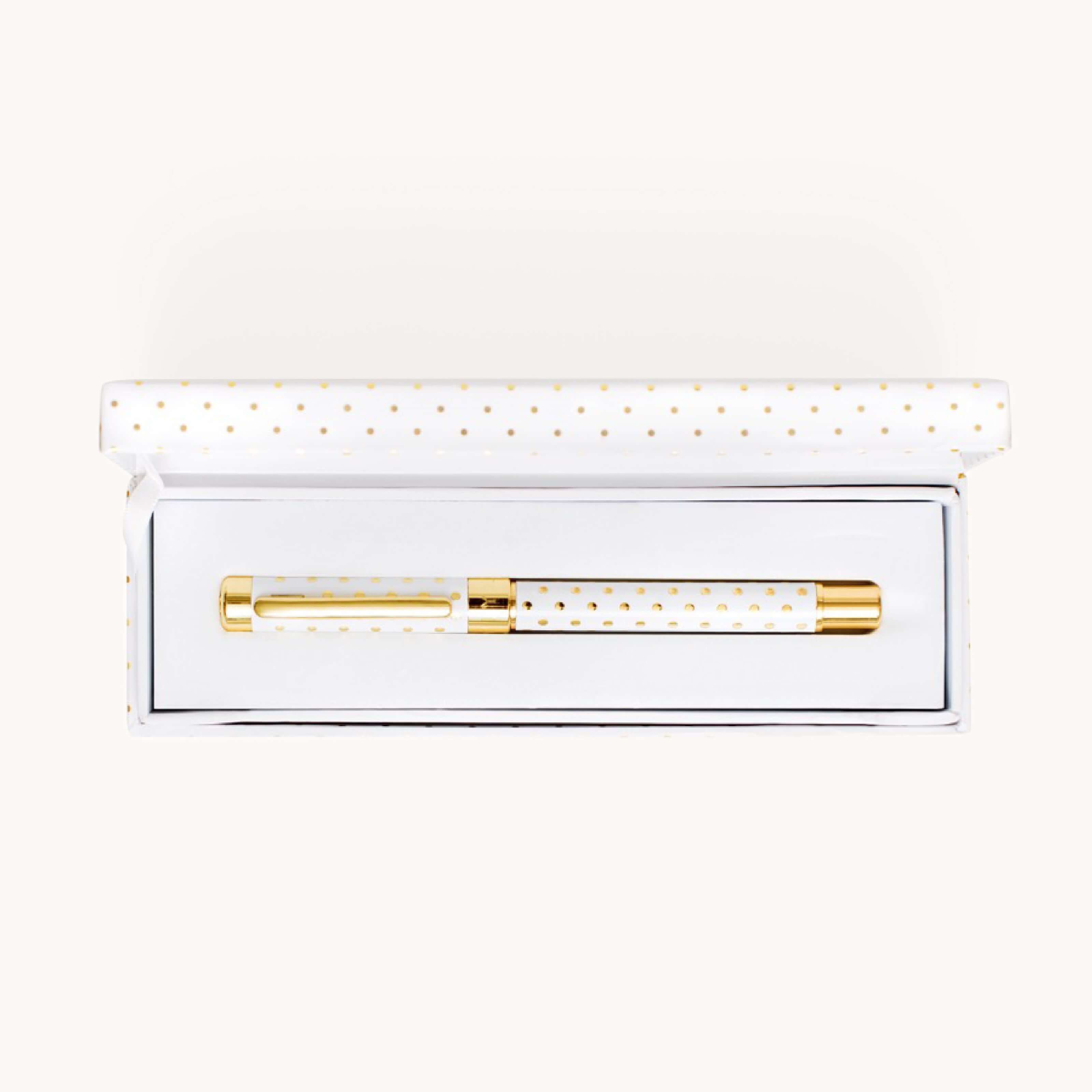 Simplified by Emily Ley | Gold metal pen in Gold Dot design nested in a matching keepsake box.