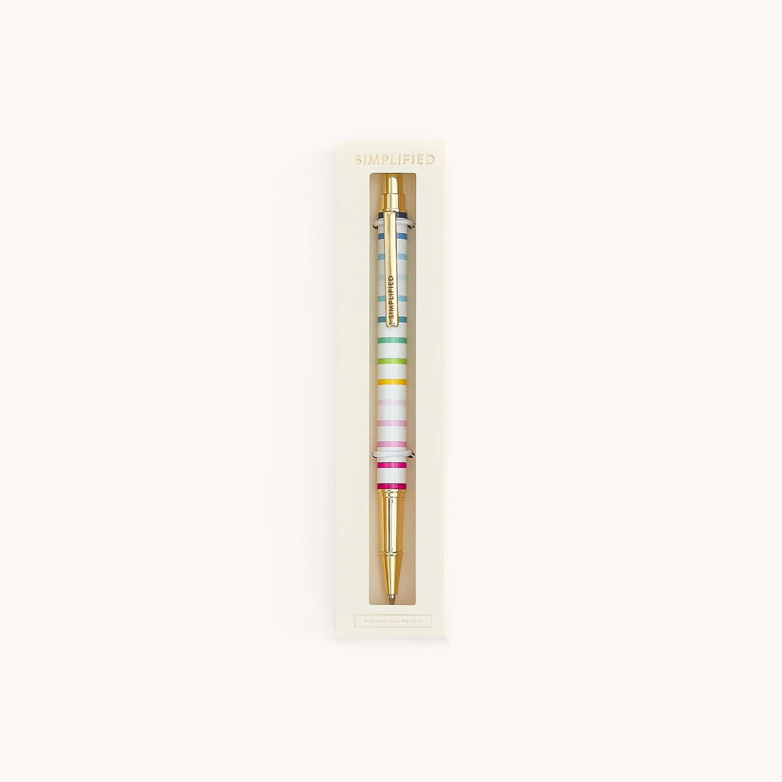 Simplified by Emily Ley | Mechanical Pencil in Happy Stripe design nested in ivory box with clear view window.