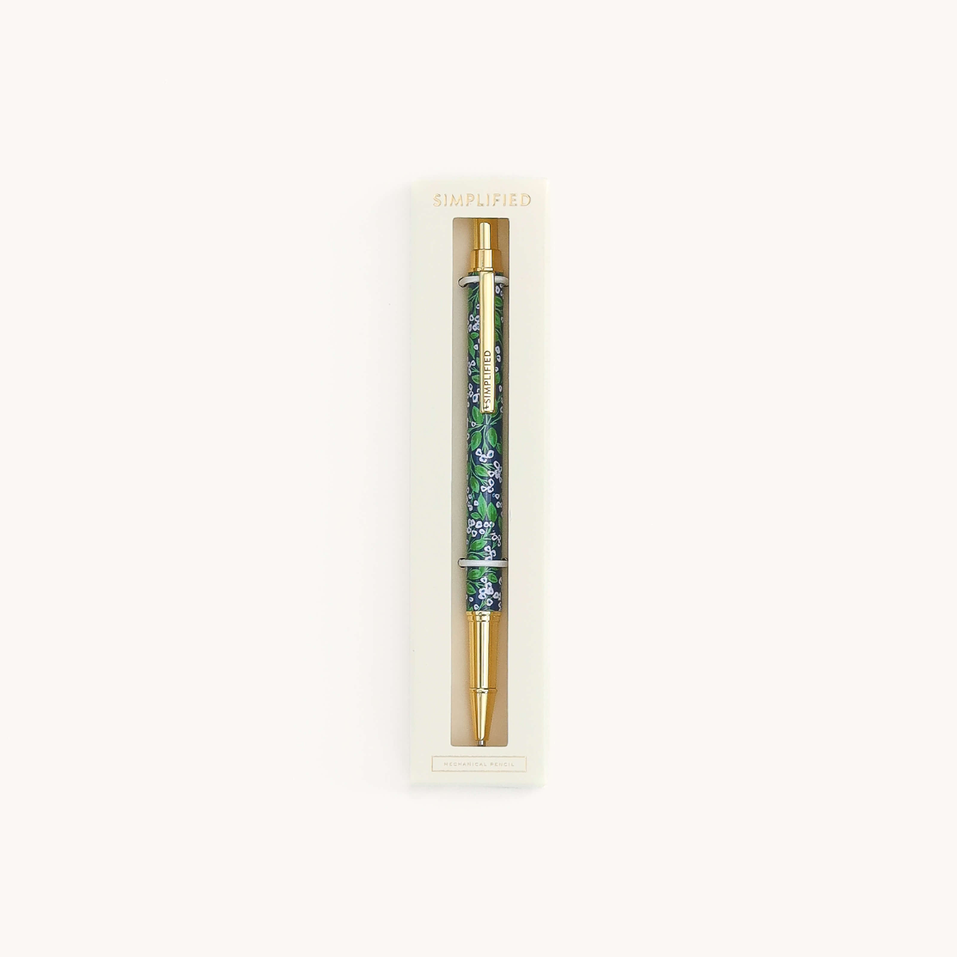 Simplified by Emily Ley | Mechanical Pencil in Misty Meadows design nested in ivory box with clear view window.