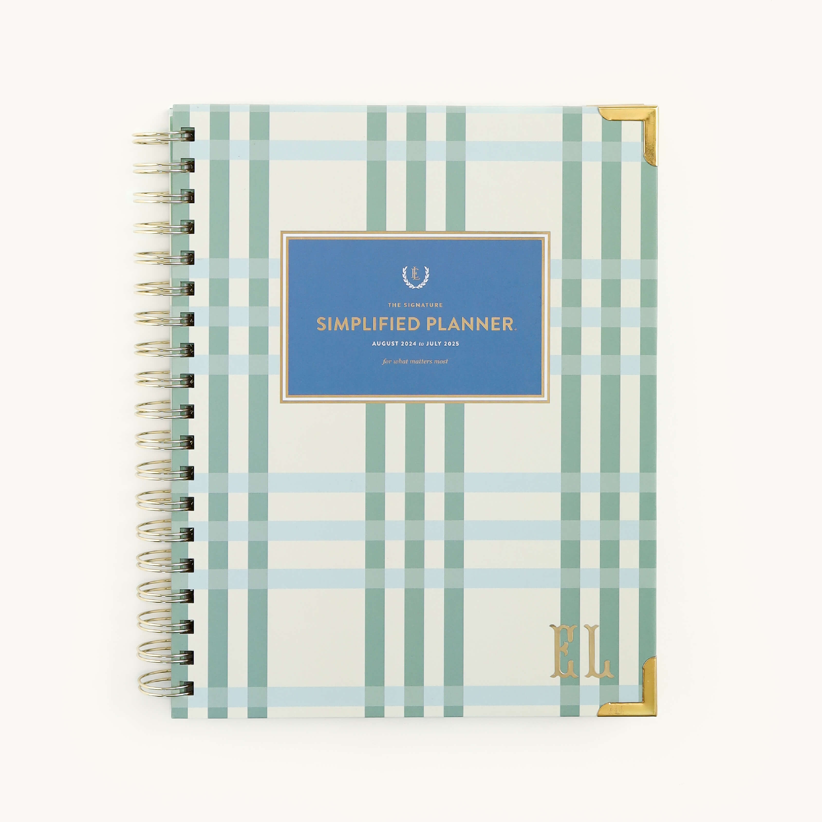 Classic Monogram Vinyl Sticker applied to a Pistachio Plaid Simplified Planner cover.