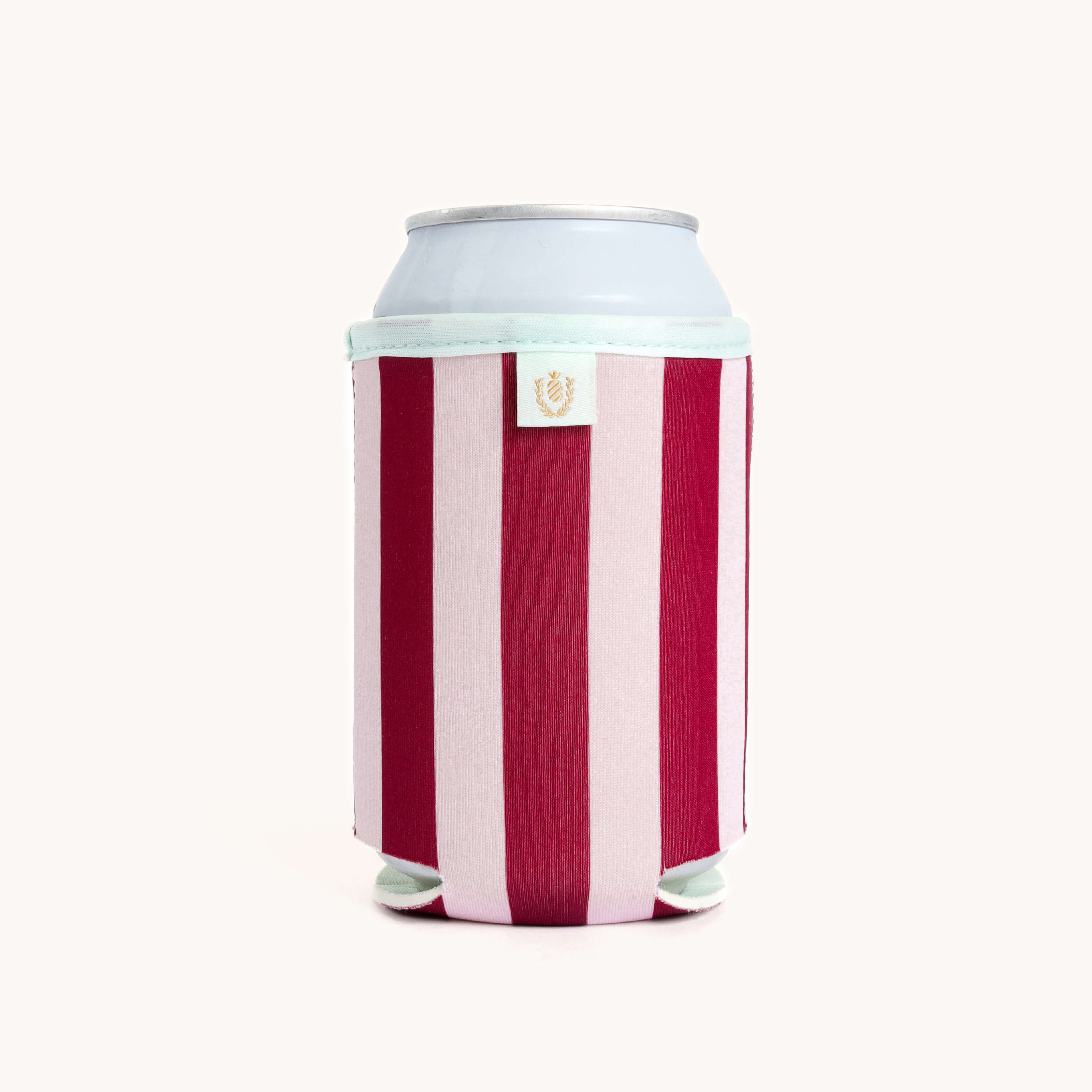 Berry Stripe Can Cooler with a can inside on a white background