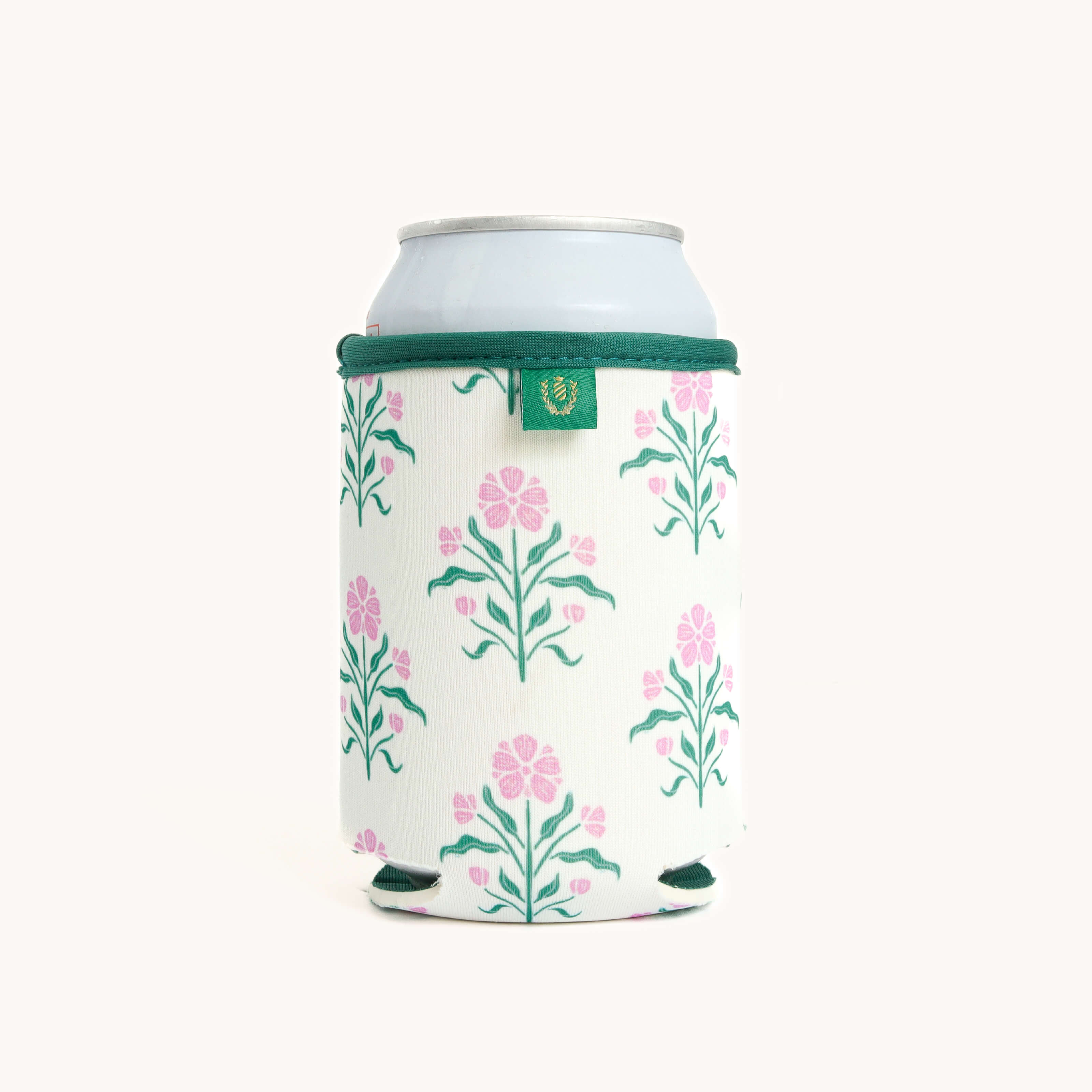 Floral Blush Botcanical Can Cooler with a can inside on a white background