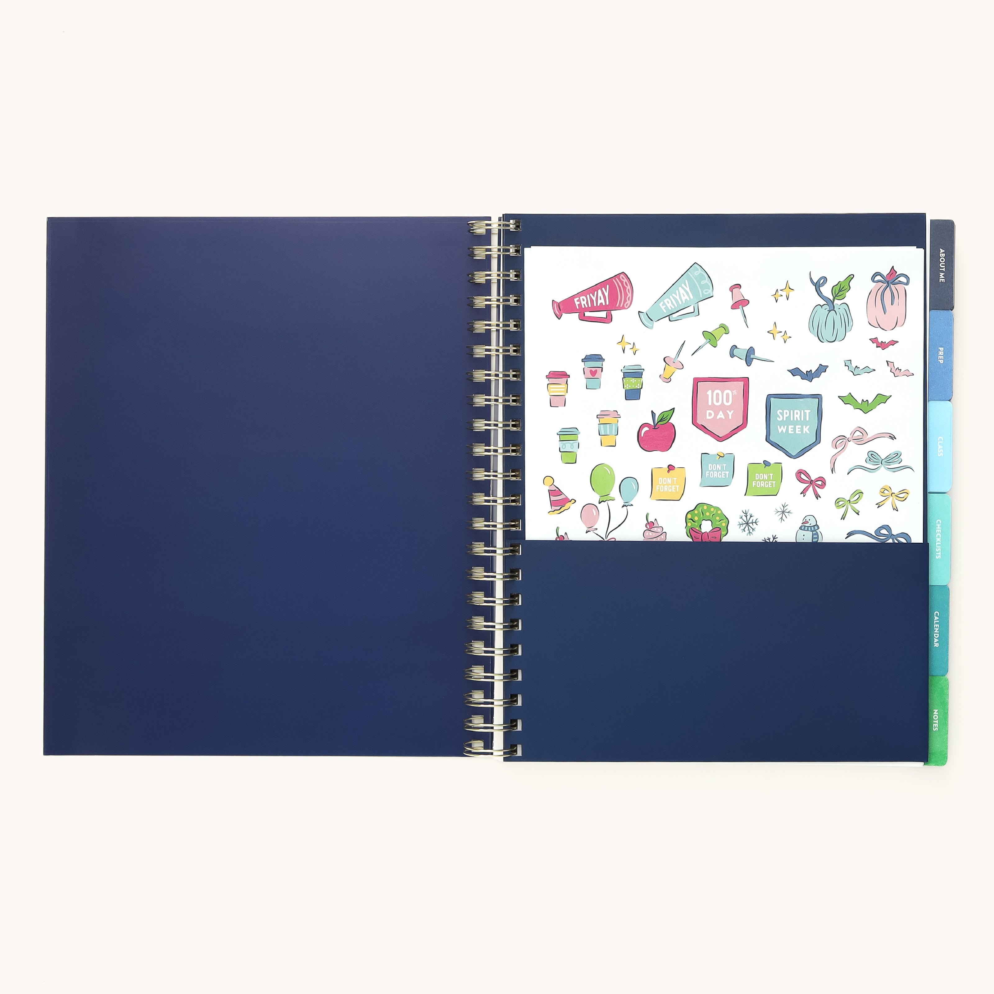 teacher planner interior storage pocket with sticker sheet for organizing supplies, reminders, and classroom planning tools
