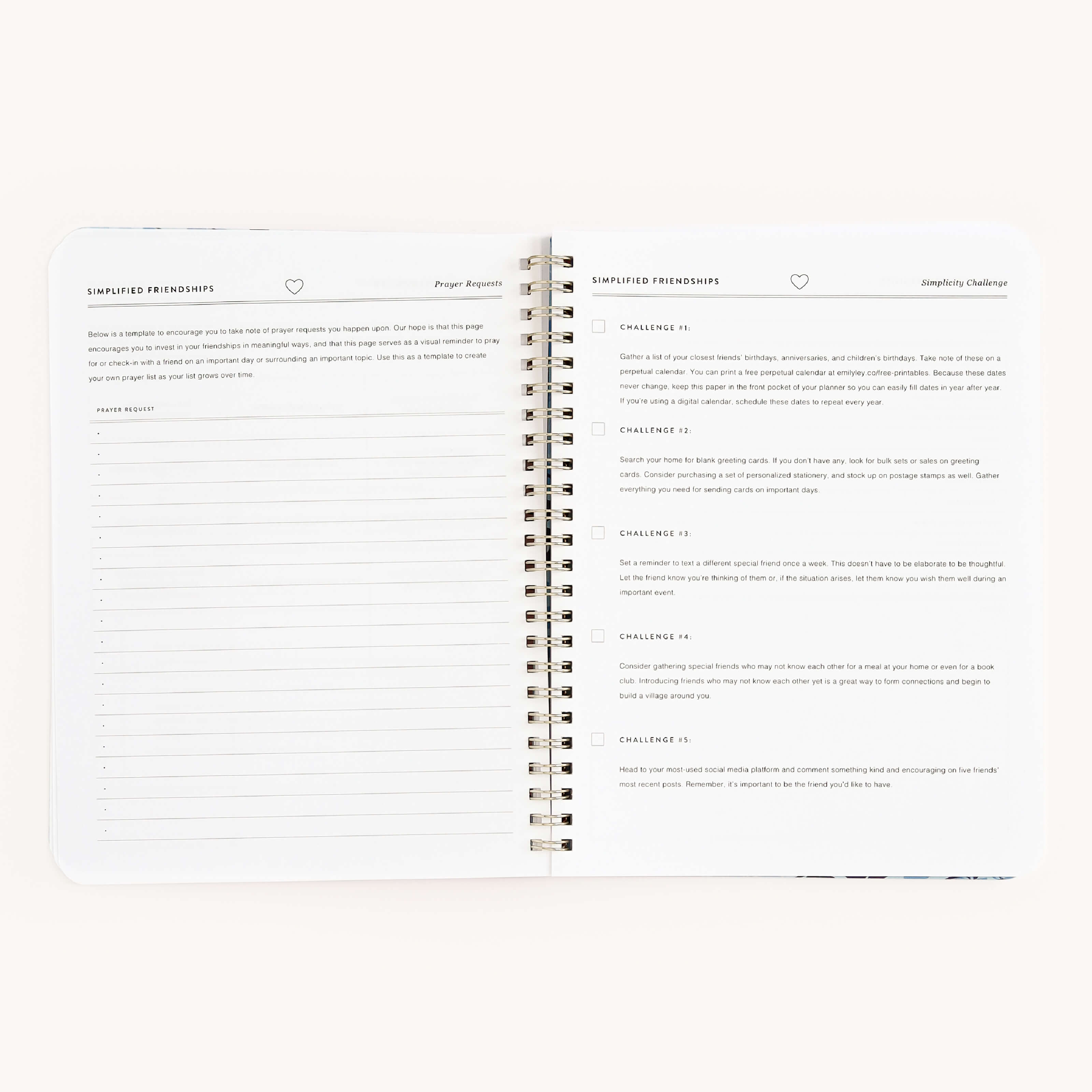 A Workbook - Friendship by Simplified features open spiral-bound pages titled Simplified Friendships and Simplicity Challenge. The left page includes blank lines for goal setting, while the right lists concise actionable plans and growth challenges.