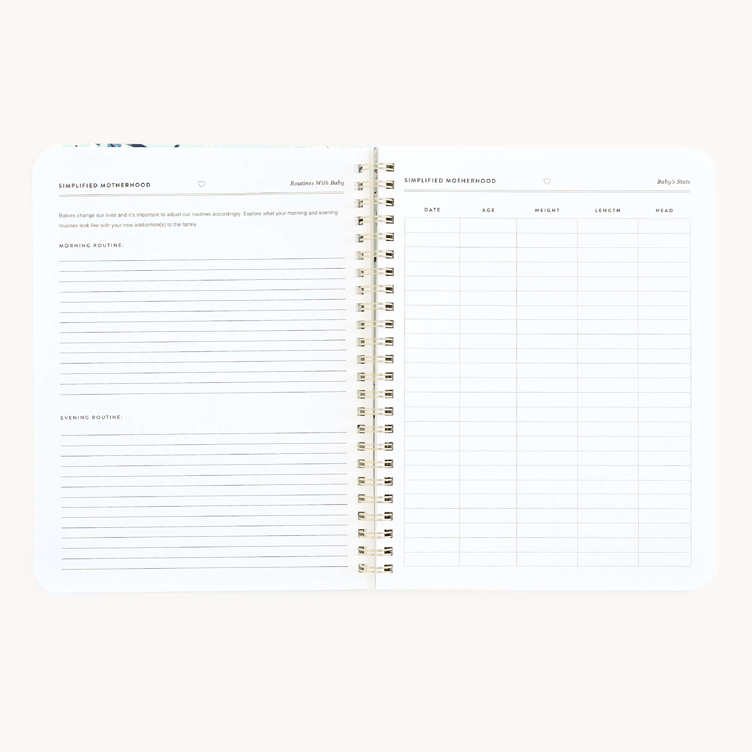 The Workbook - New Motherhood by Simplified is an open spiral-bound planner for busy parents, featuring sections like Morning and Evening Routine, plus a table for tracking Date, Age, Height, Length, and Mood. It includes lined and grid formats to organize thoughts seamlessly.