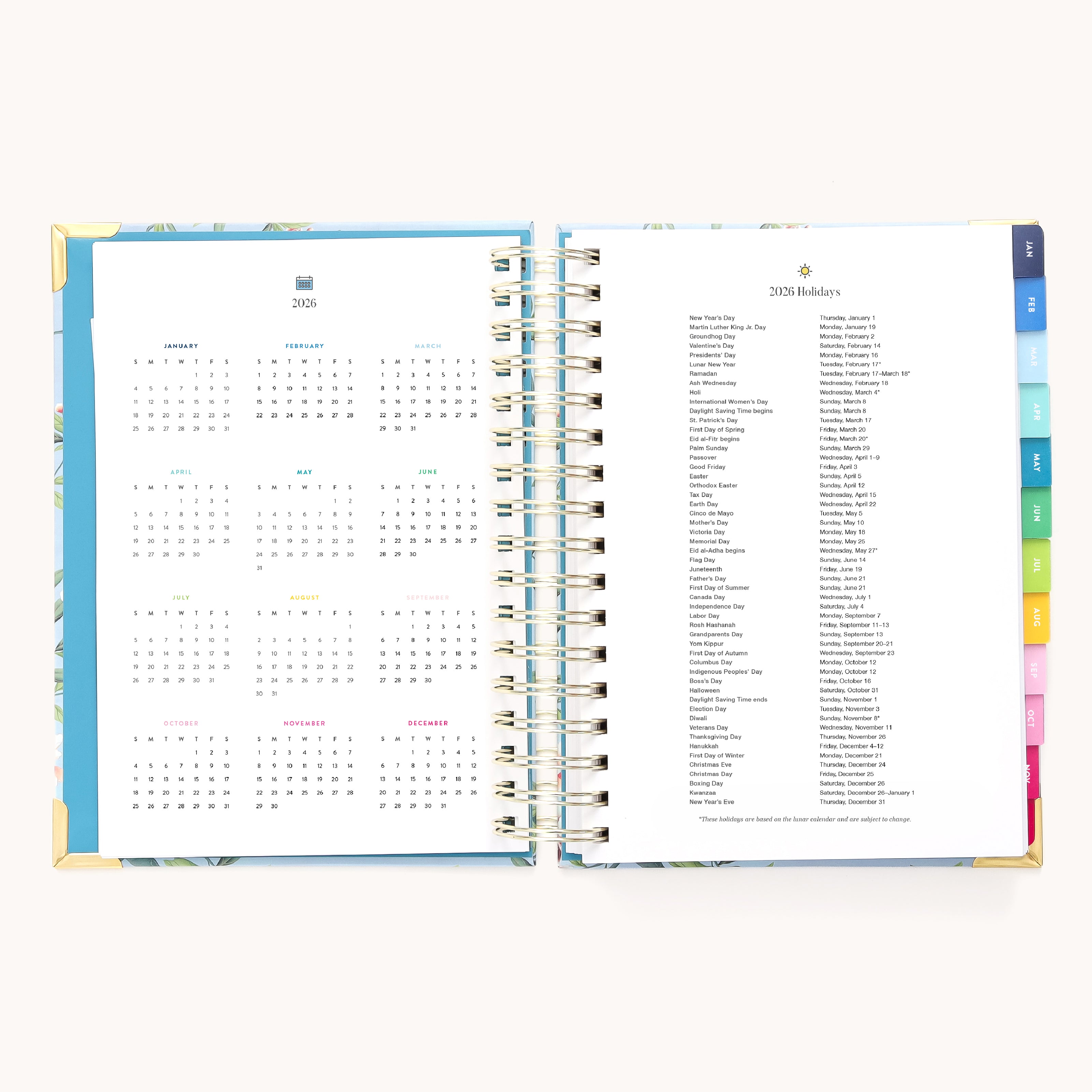 The Simplified 2026 Spiral Daily Simplified Planner – Faraway Land features a hand-painted cover, 2025 yearly calendar on the left, 2025 holidays on the right, and colorful tab dividers along the edge.