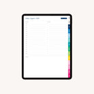 The 2025-2026 Digital Simplified Planner by Simplified is shown on an iPad screen, featuring hourly schedules, a to-do list, notes sections, and colorful monthly tabs on the right side for easy organization.