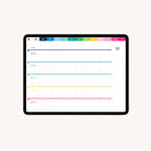 The Simplified 2025-2026 Digital Teacher Planner for iPads shows a vibrant weekly layout with color-coded tabs from August to July. Each row includes spaces for goals, priorities, tasks, and notes—ideal as a PDF teacher planner.