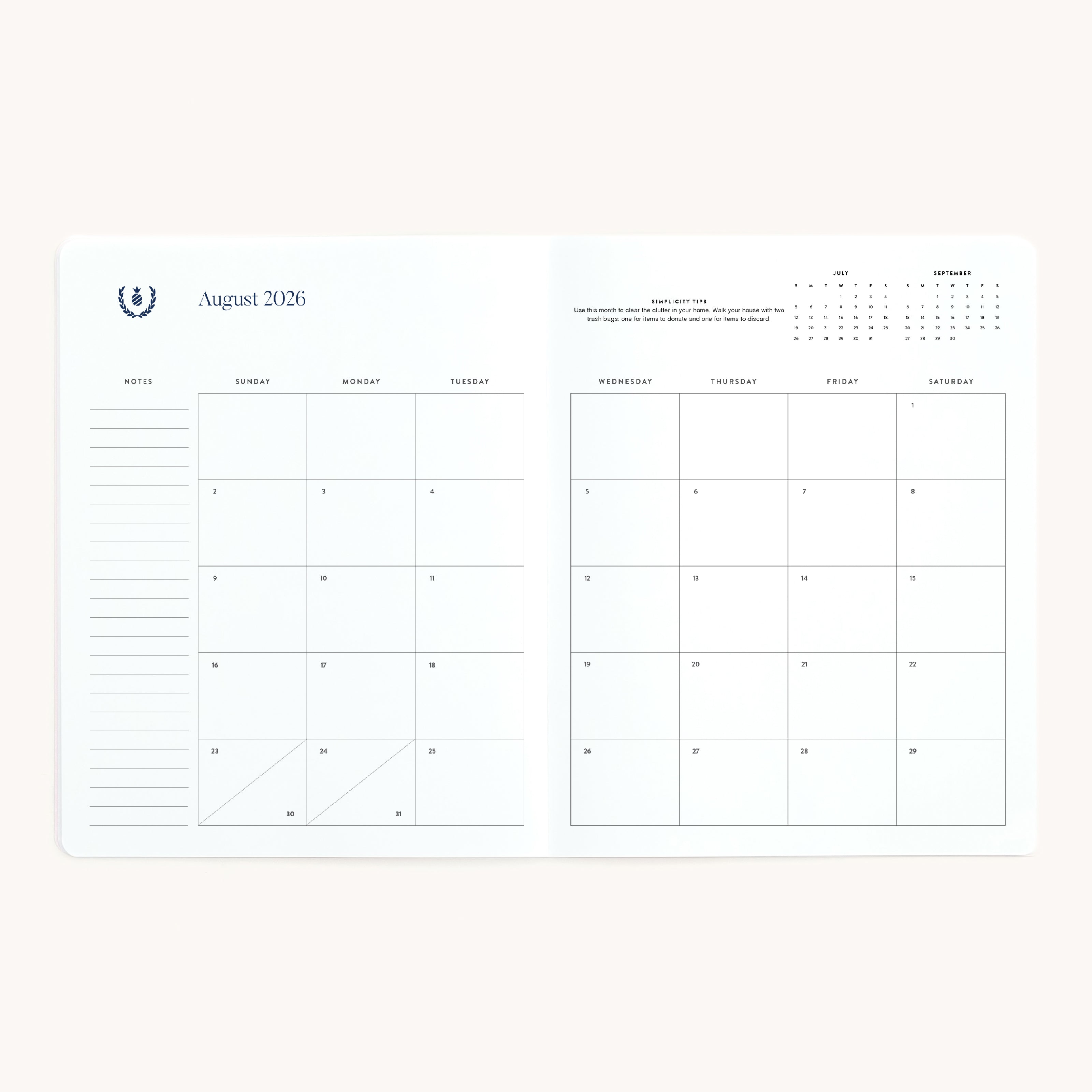 August monthly planner spread with spacious calendar grid for appointments, events, and goal setting