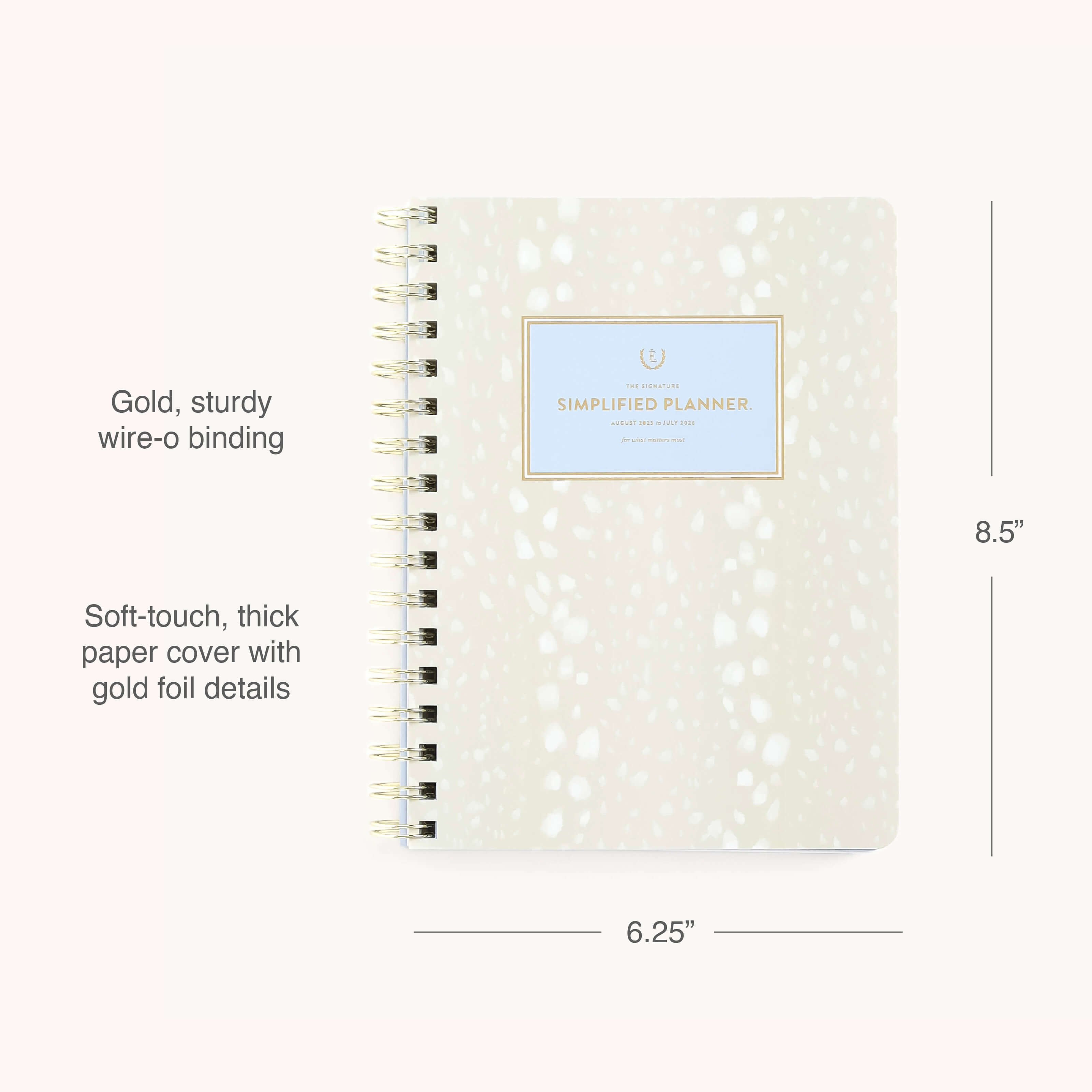 The 2025-2026 Softcover Weekly Simplified Planner by Simplified features an ivory antelope pattern, gold wire-o binding, and a “Simplified Planner” label. This 12-month planner measures 8.5 x 6.25.