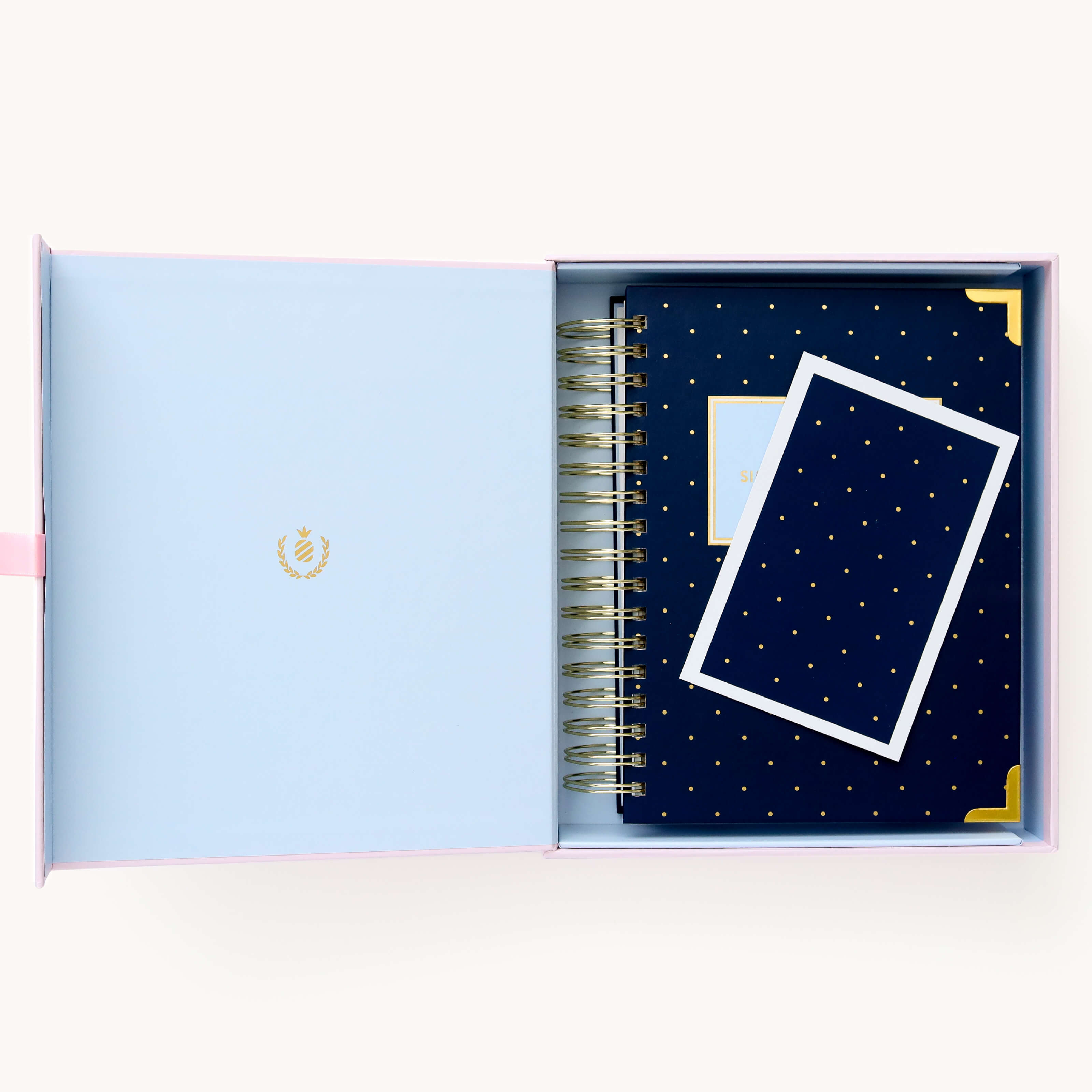 2025 Calendar Year Daily Simplified Planner by Emily Ley in the Dainty Dot cover design, placed inside a blush keepsake box with gold foil detailing. Includes a matching art print for added inspiration. Perfect for organization, time management, and productivity.