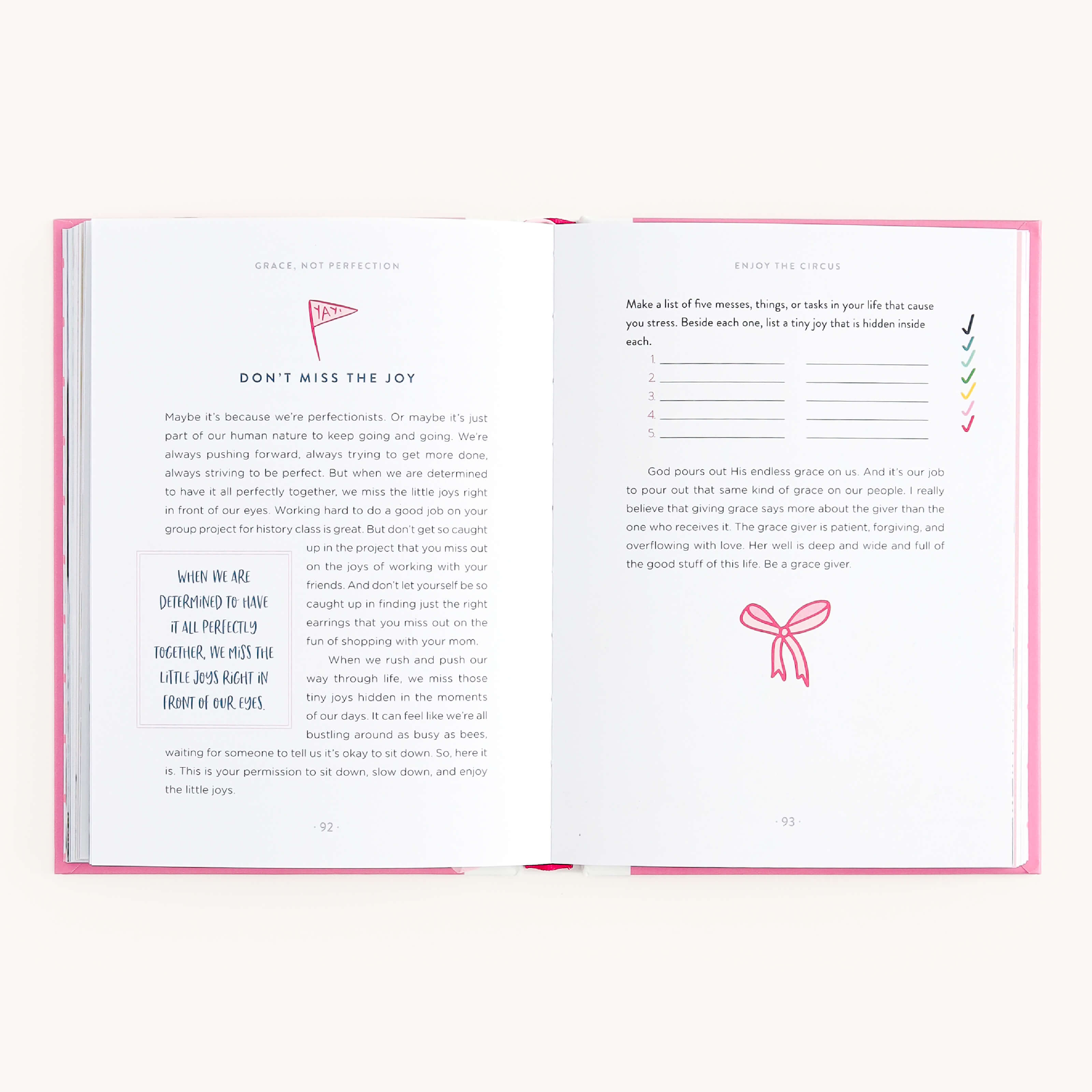 In Grace Not Perfection for Young Readers by Emily Ley from Simplified, pages 92 and 93 feature perfectionism and joy, with a pink box quote. Page 93 provides self-care tips with a kite illustration and hand-drawn scarf. Both pages have pink borders on top.