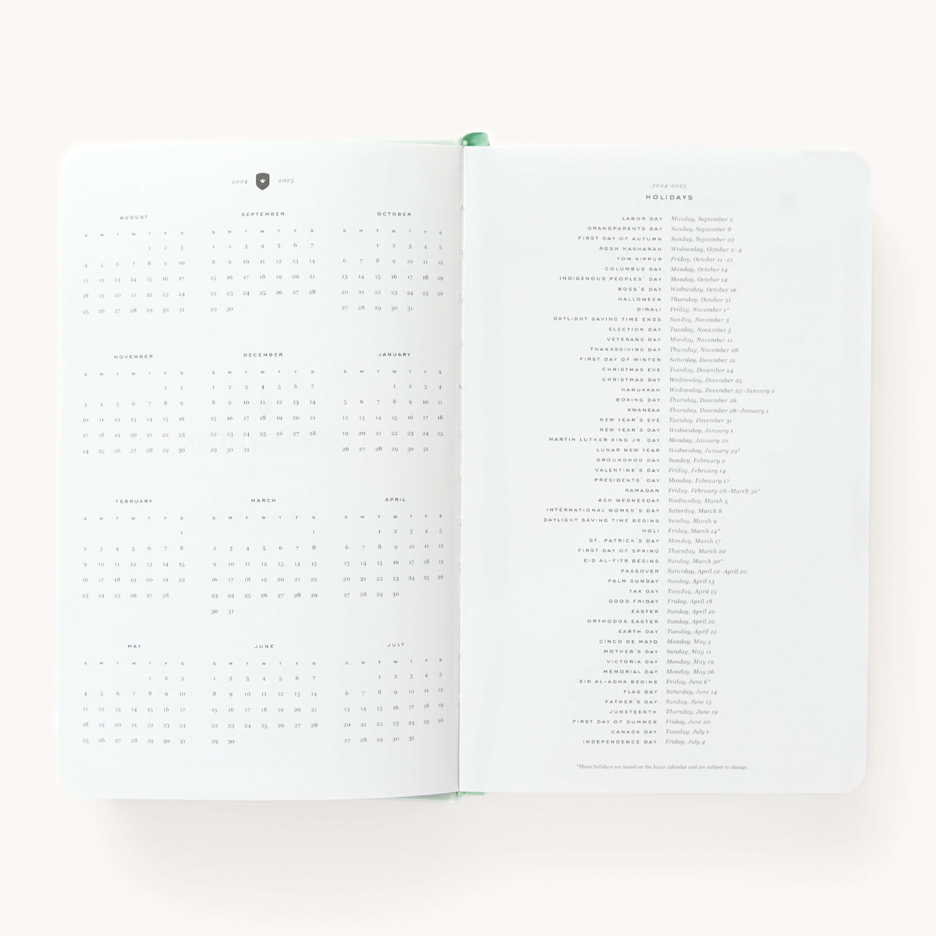 2024-2025 Daily Dapperdesk Planner by Emily Ley in the Sea Salt leatherette cover open to the yearly calendar overview and holidays list. Features a two-page spread with a full 12-month calendar view on the left and important U.S. holidays on the right.