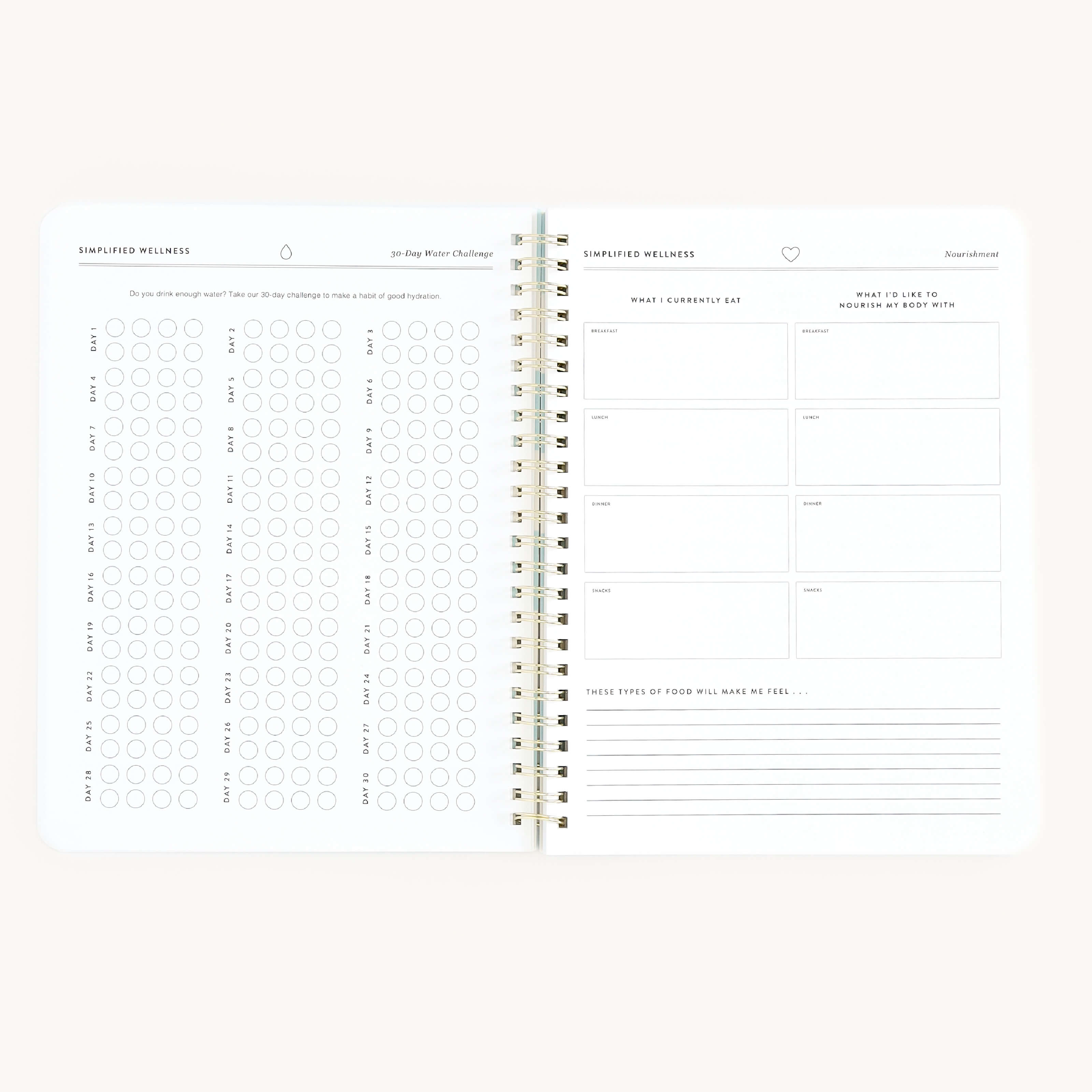 The Simplified Workbook - Wellness offers a 21-day self-care challenge with checkable circles on the left page. The right page features sections for tracking your current diet, setting future goals, and reflecting on food and feelings for holistic self-discovery.