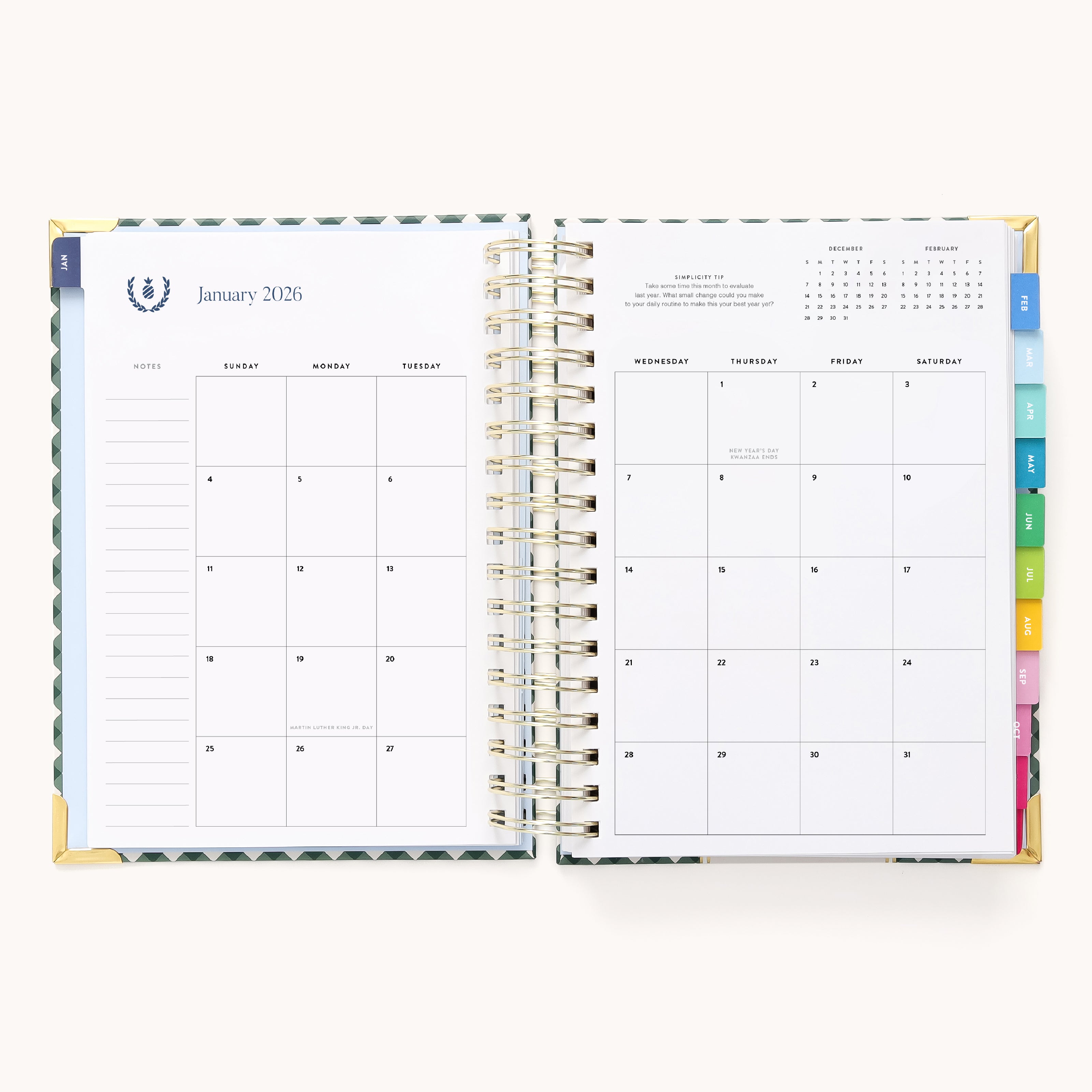 The 2026 Spiral Daily Simplified Planner - Camp Gingham by Simplified displays January 2026 in a neat grid, with colorful side tabs and a notes section—ideal for perfect organization in your 2026 planner.