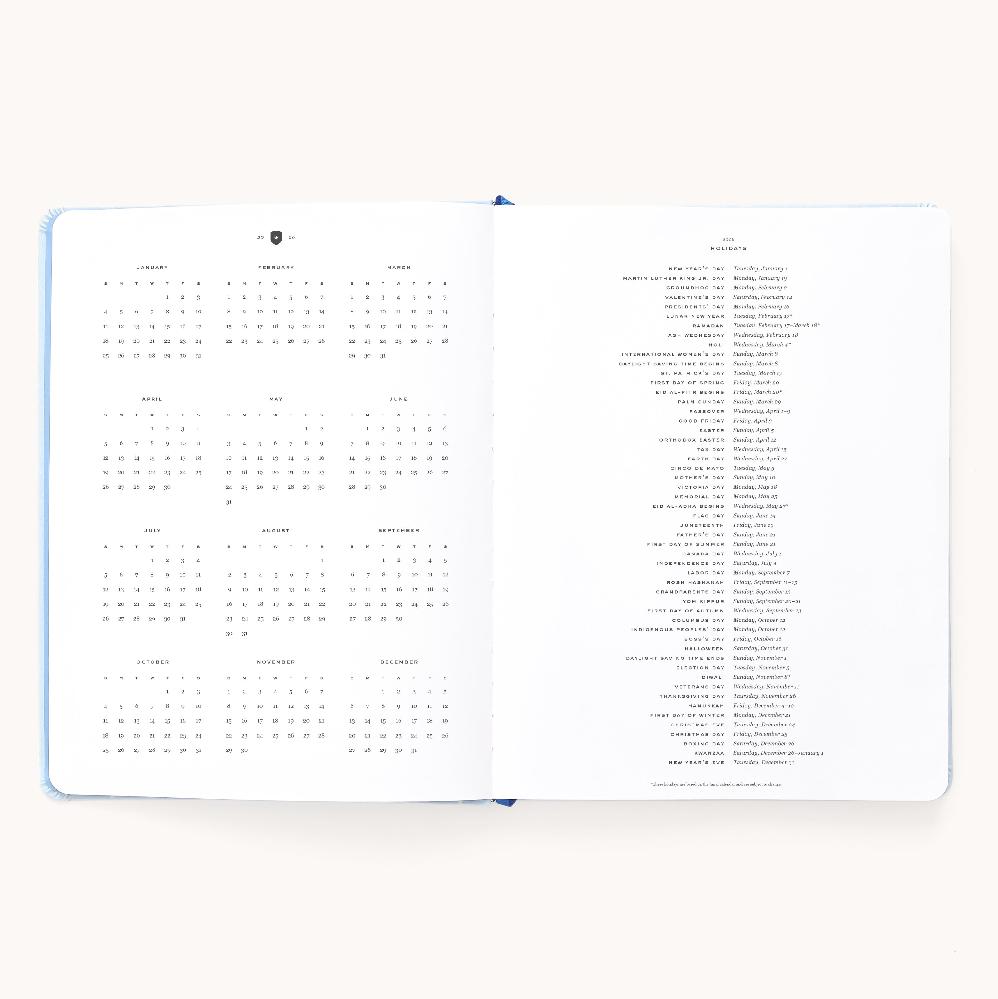 The 2026 Bookbound Weekly Dapperdesk Planner - Carolina Dot by Simplified features a yearly calendar, holidays, clean minimal pages, and a stylish leatherette cover—perfect for staying organized all year.