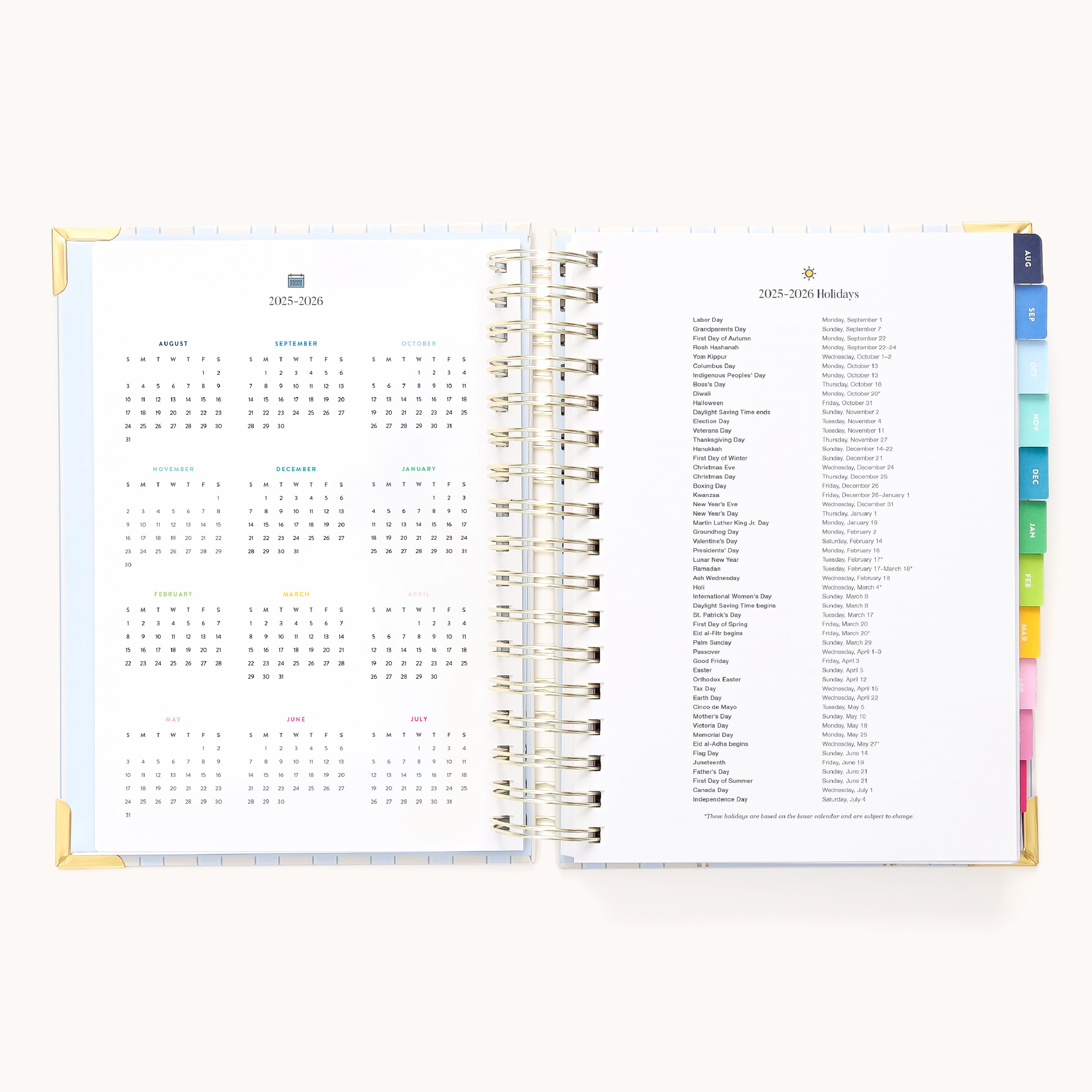 The 2025-2026 Spiral Daily Simplified Planner - Serene Stripe by Simplified features a calendar and holiday list, enhanced with gold foil details and tabbed sections for elegance, while the Simplified Prep Work keeps you organized all year.