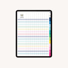 On an iPad, the Simplified 2025-2026 Digital Teacher Planner displays a vibrant student checklist with a grid layout, labeled columns and rows, a logo and title on the left, and colorful tabs on the right—like a classic teacher or digital planner.