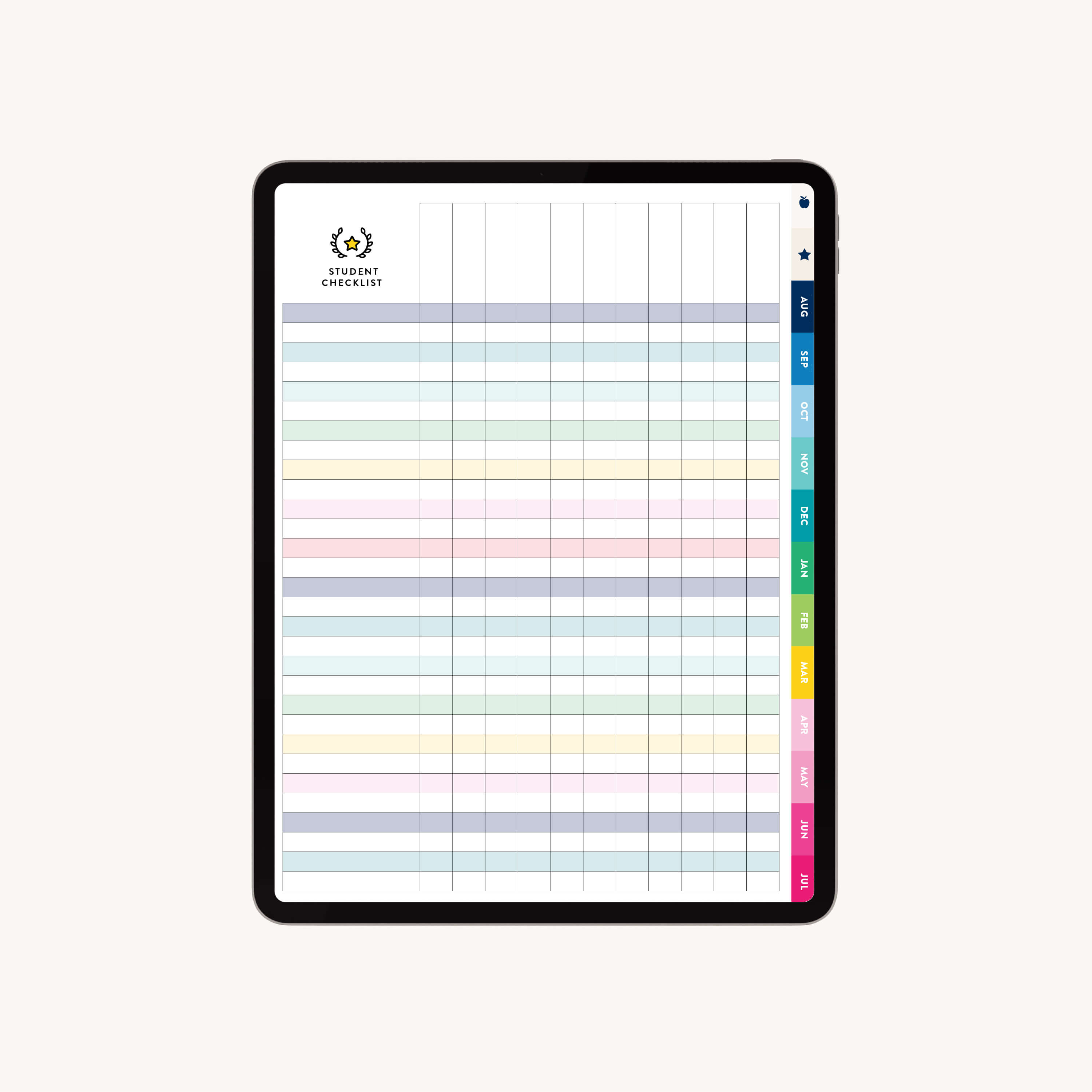 On an iPad, the Simplified 2025-2026 Digital Teacher Planner displays a vibrant student checklist with a grid layout, labeled columns and rows, a logo and title on the left, and colorful tabs on the right—like a classic teacher or digital planner.