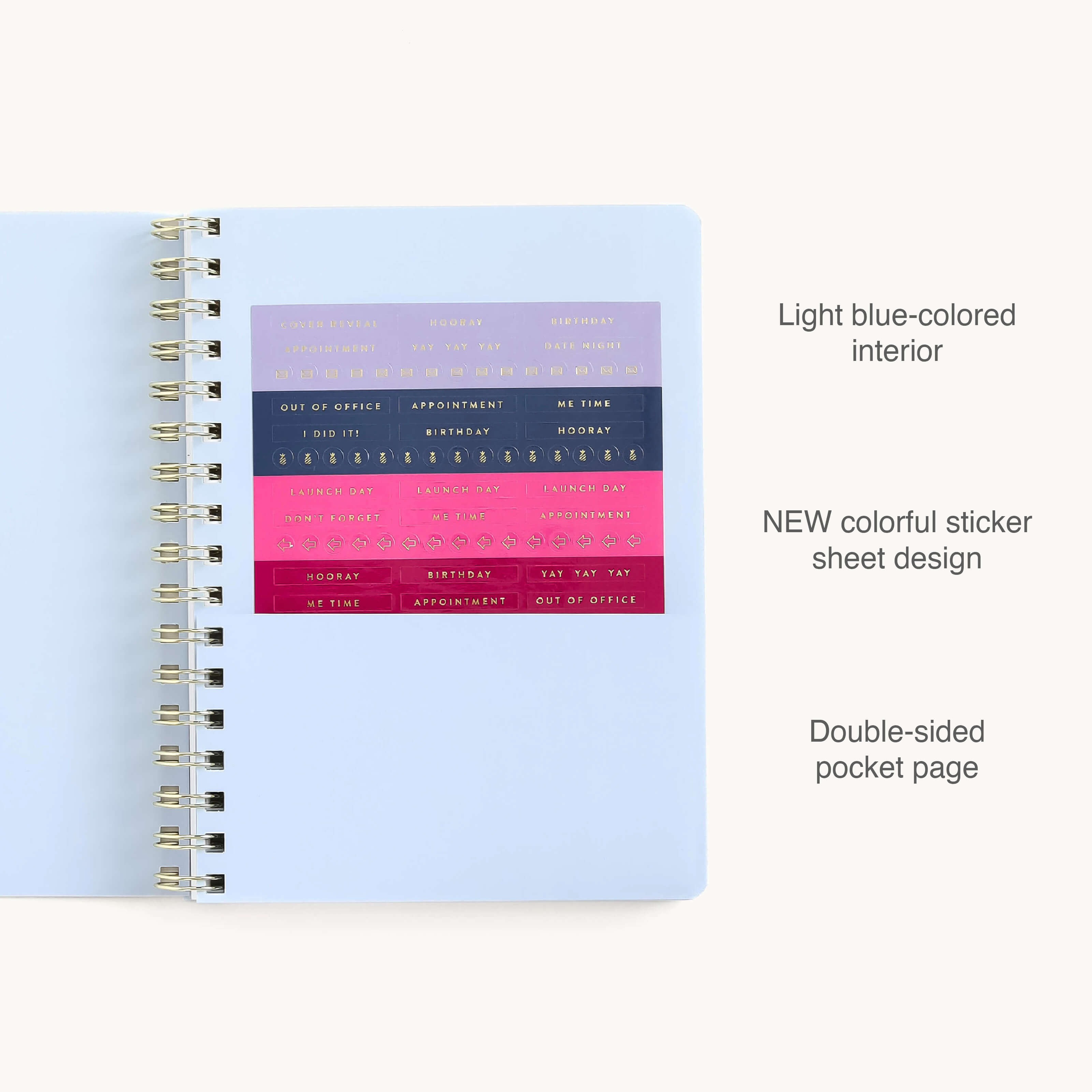 The 2025-2026 Softcover Weekly Simplified Planner in Ivory Antelope features an open spiral-bound design with colorful stickers on the right page. Adorned with colored and gold foil text like OUT OF OFFICE, IMPORTANT, and days of the week, these pink, purple, and blue stickers add flair to Prep Work pages. Brand: Simplified.