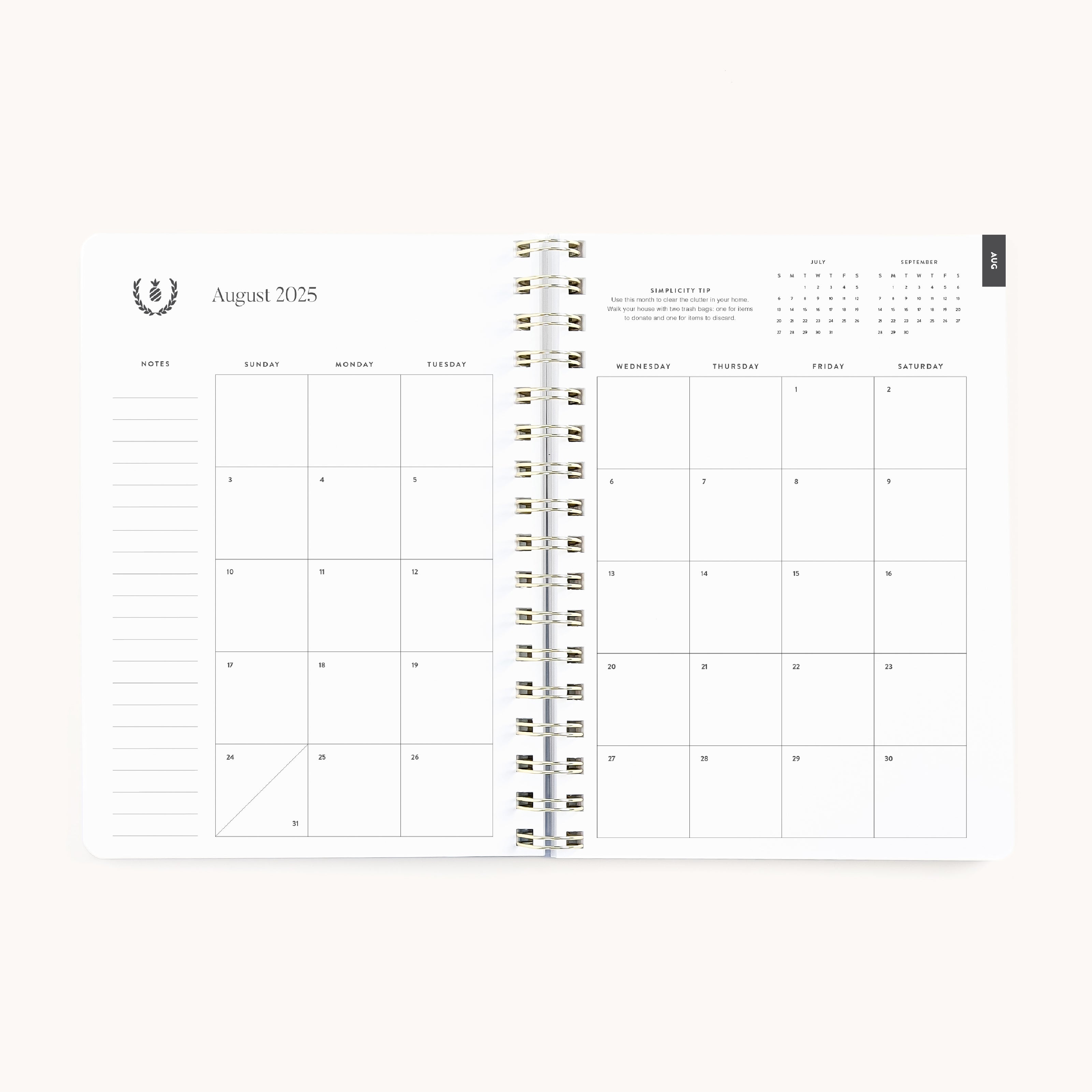 The 2025-2026 Softcover Weekly Simplified Planner - Ivory Antelope elegantly features an August 2025 monthly calendar with gold foil accents, a notes section on the left, and dates from 1 to 31. A mini July calendar enhances the top right, blending elegance and function seamlessly.