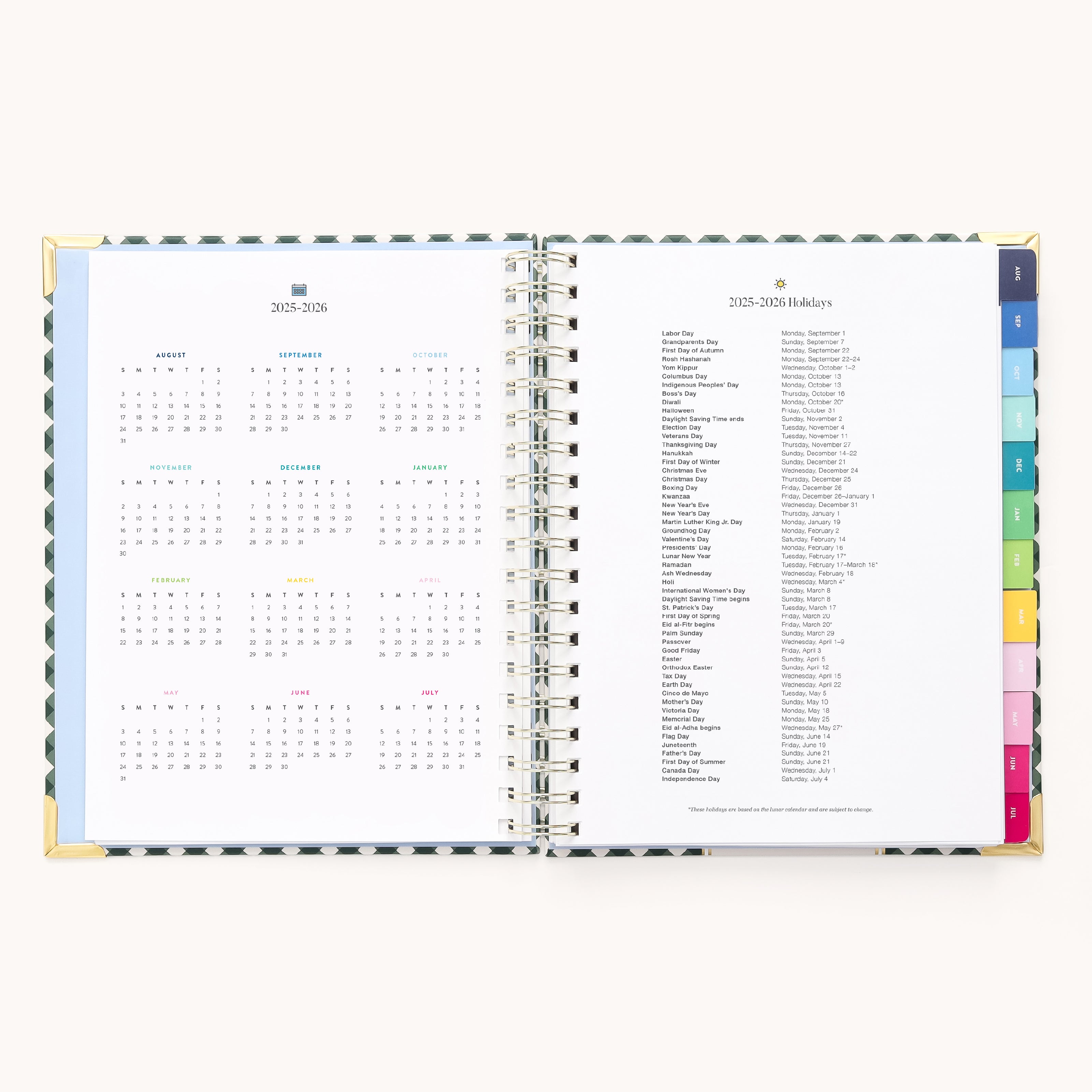 The 2025-2026 Spiral Weekly Simplified Planner by Simplified, titled Camp Gingham, features a left-page calendar and right-page holidays list, elegant gold foil details, and colorful tabbed sections for easy navigation.