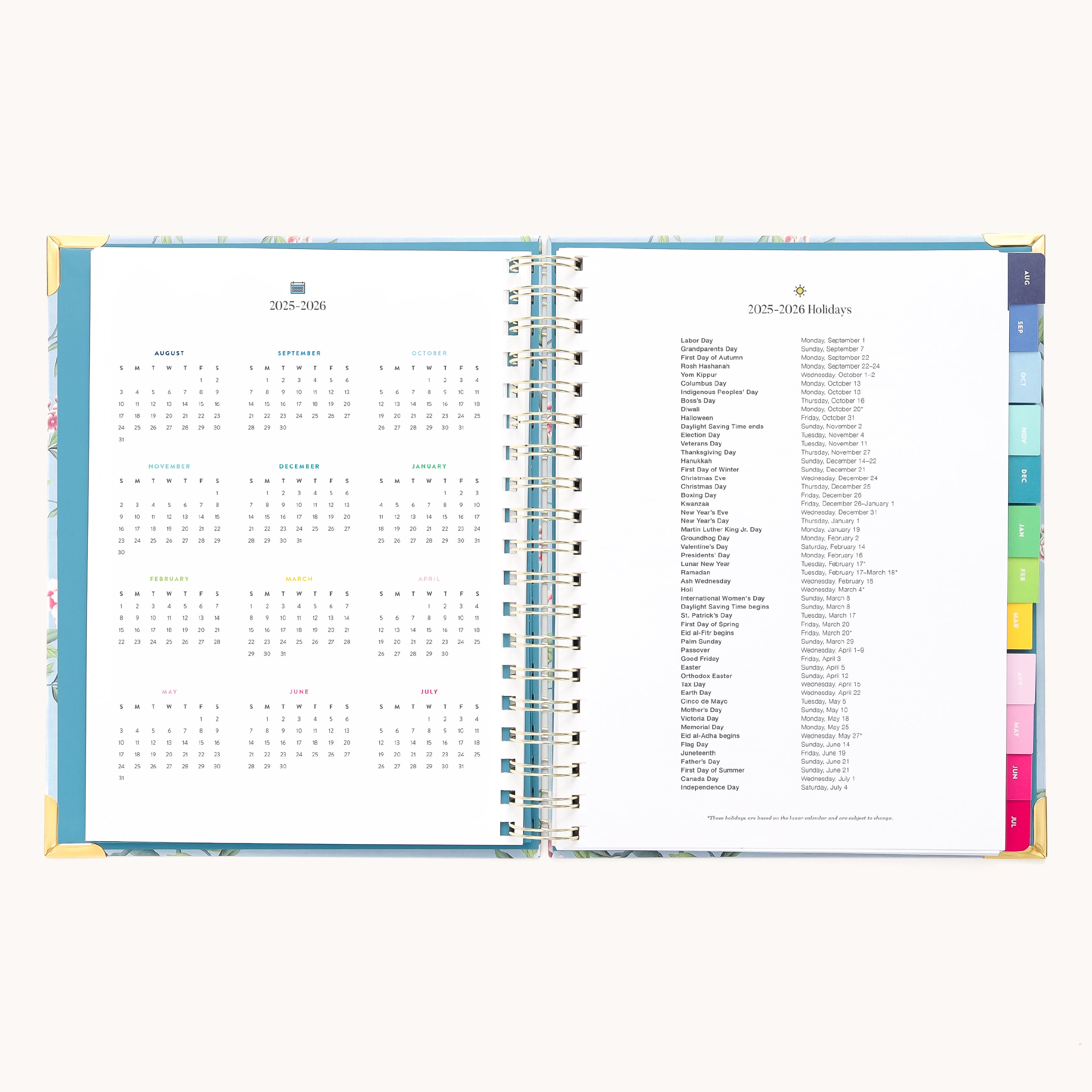 The 2025-2026 Spiral Weekly Simplified Planner - Faraway Land by Simplified features a year-long calendar and holiday list, colorful tabs to mark sections, and elegant gold foil accents for added sophistication.