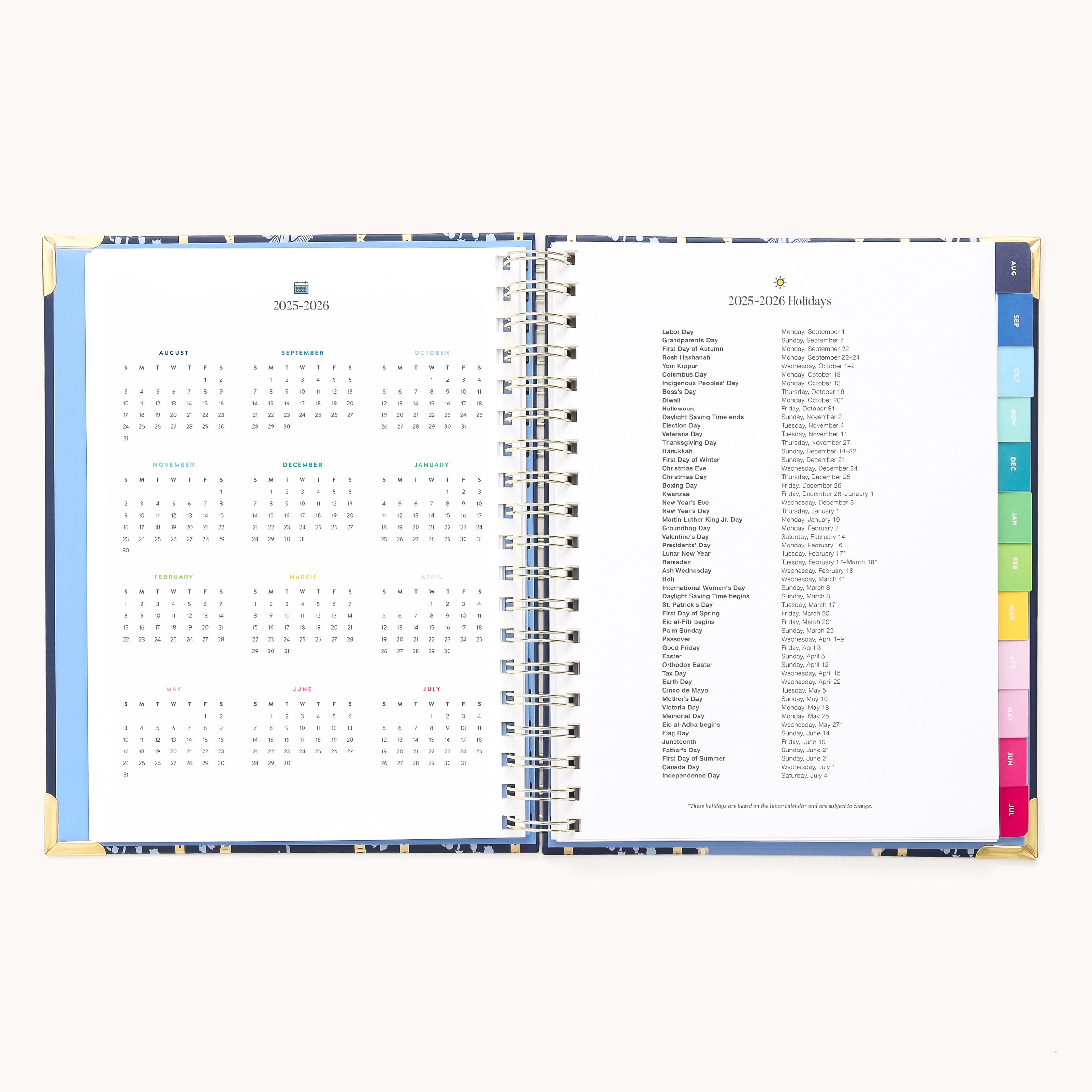 The 2025-2026 Spiral Weekly Simplified Planner - Poppy Posies by Simplified features a left-side grid calendar, alphabetically-listed holidays on the right, and color-coded tabs for neat, accessible organization to simplify your planning year-round.