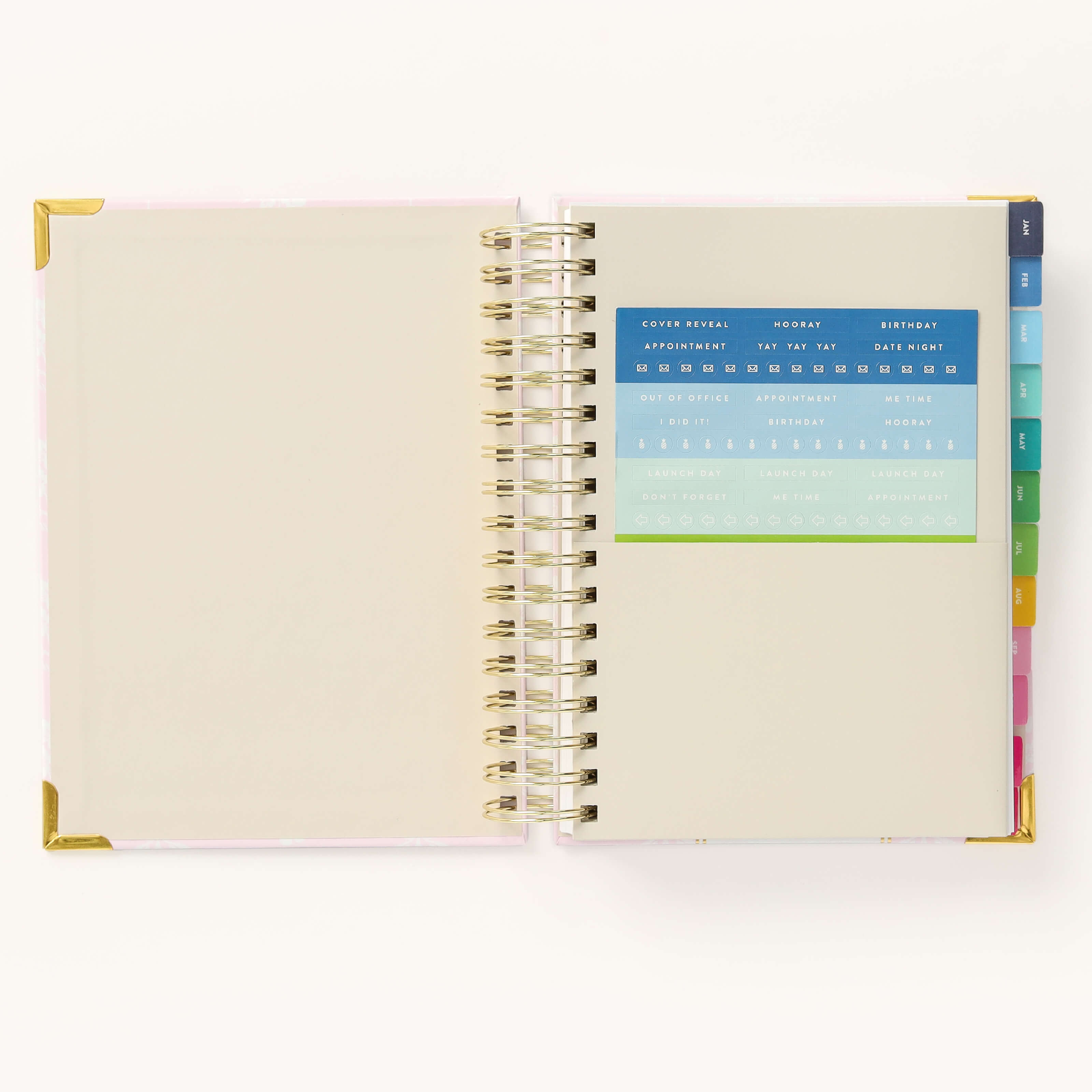 Colorful sticker sheet included in the inner pocket with the 2025 Calendar Year Daily Simplified Planner by Emily Ley in the Blush Block cover design for customization.
