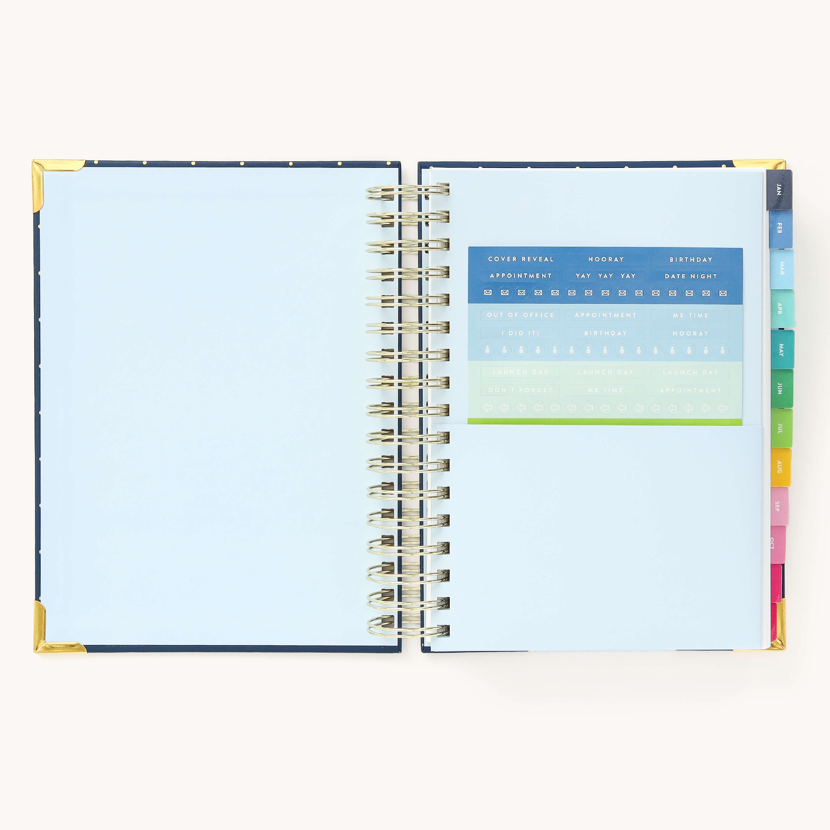 Colorful sticker sheet included in the inner pocket with the 2025 Calendar Year Daily Simplified Planner by Emily Ley in the Dainty Dot cover design for customization.
