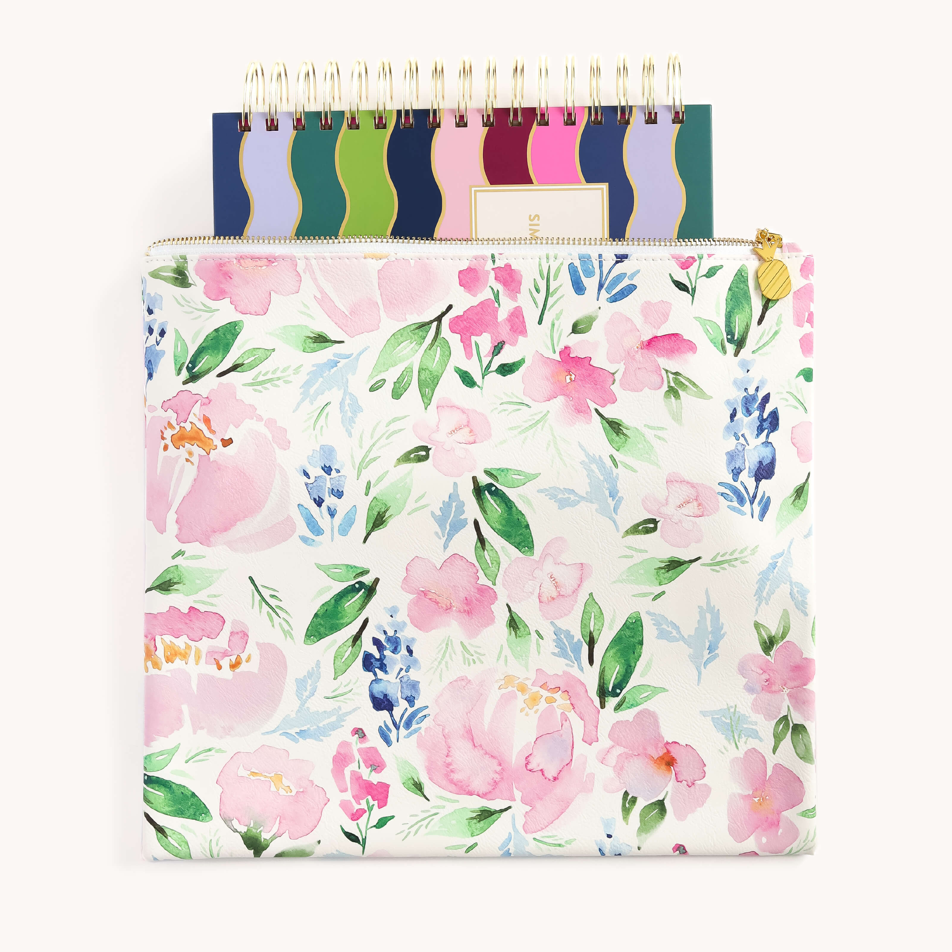 The Cottage Floral Planner Pouch by Simplified is a stylish storage solution featuring a floral pattern and gold zipper. It includes five durable leatherette notebooks with gold spiral bindings and colorful, scalloped edges decorated with pink and blue watercolor flowers and green leaves.