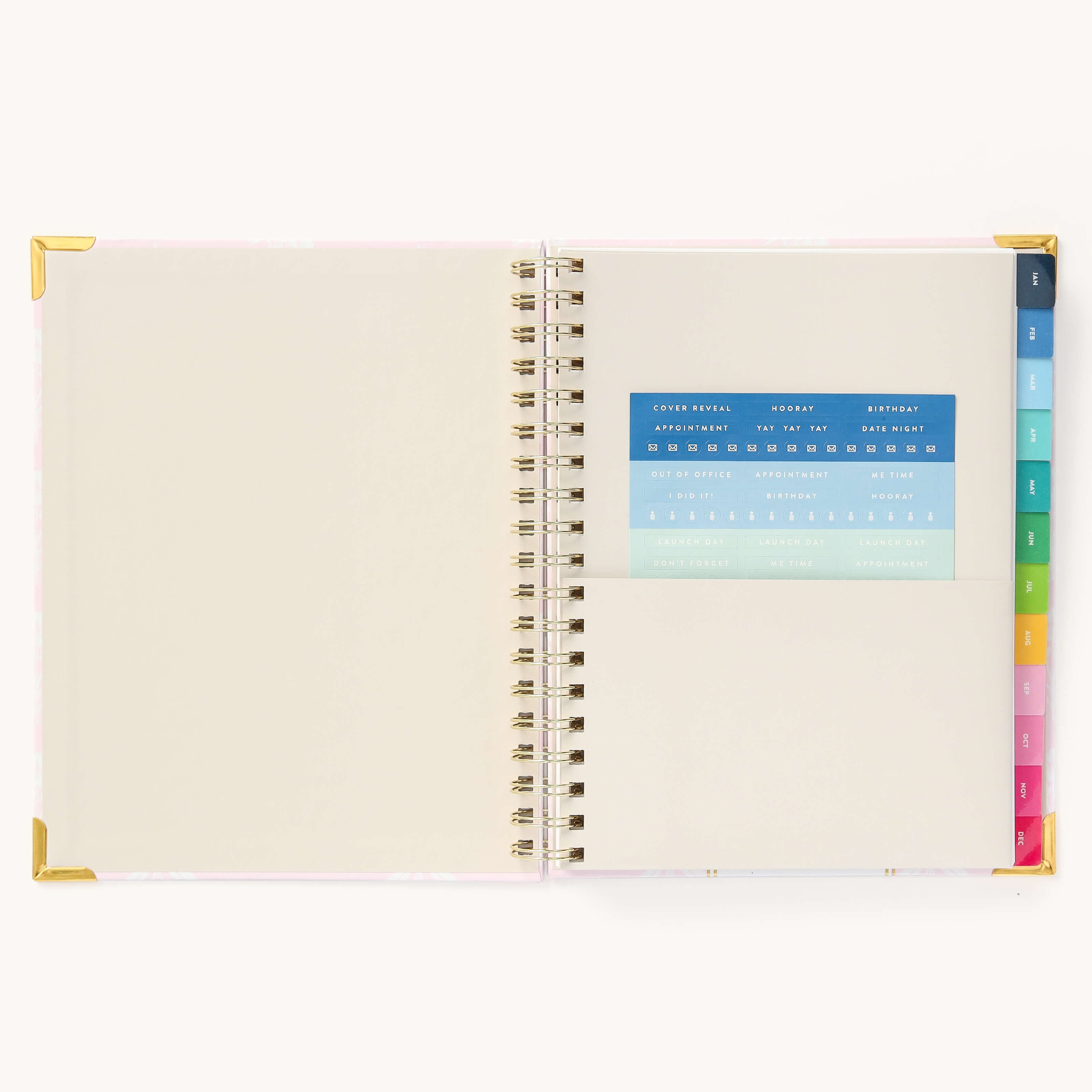 Colorful sticker sheet included in the inner pocket with the 2025 Calendar Year Weekly Simplified Planner by Emily Ley in the Blush Block cover design for customization.