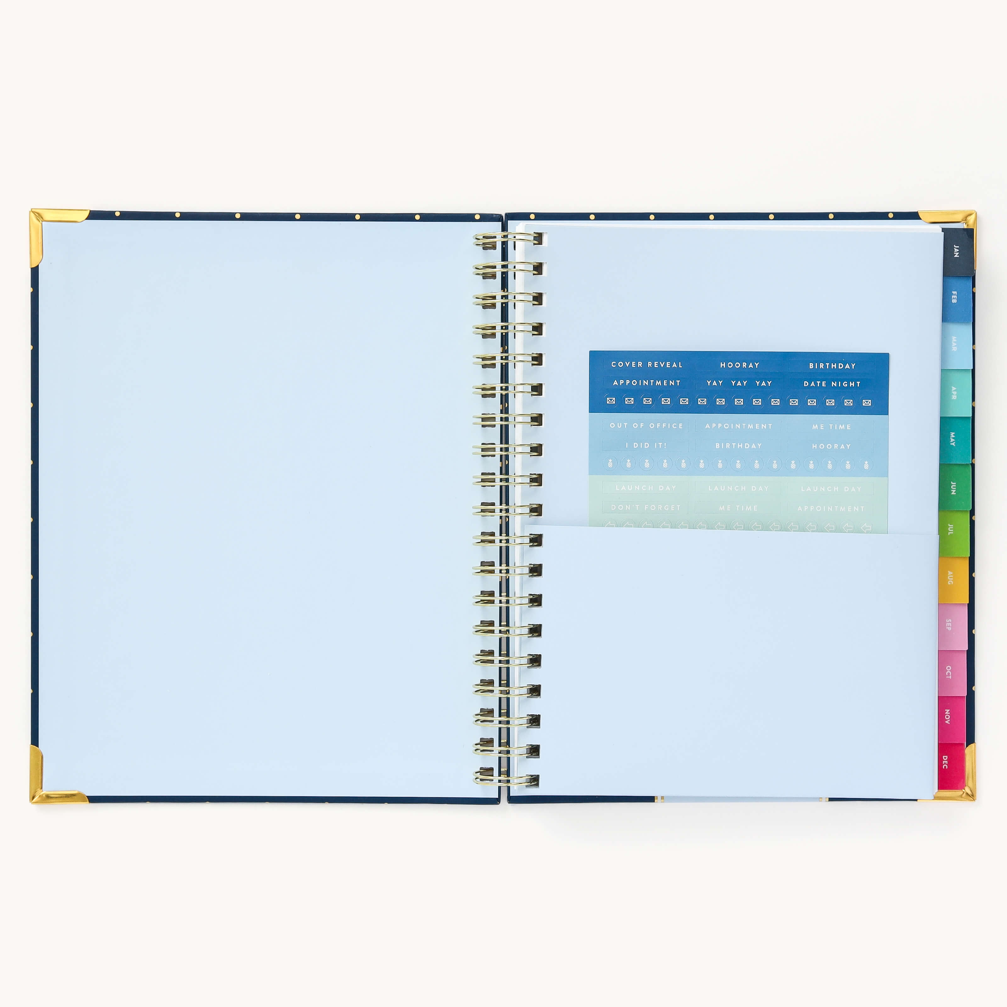 Colorful sticker sheet included in the inner pocket with the 2025 Calendar Year Weekly Simplified Planner by Emily Ley in the Dainty Dot cover design for customization.
