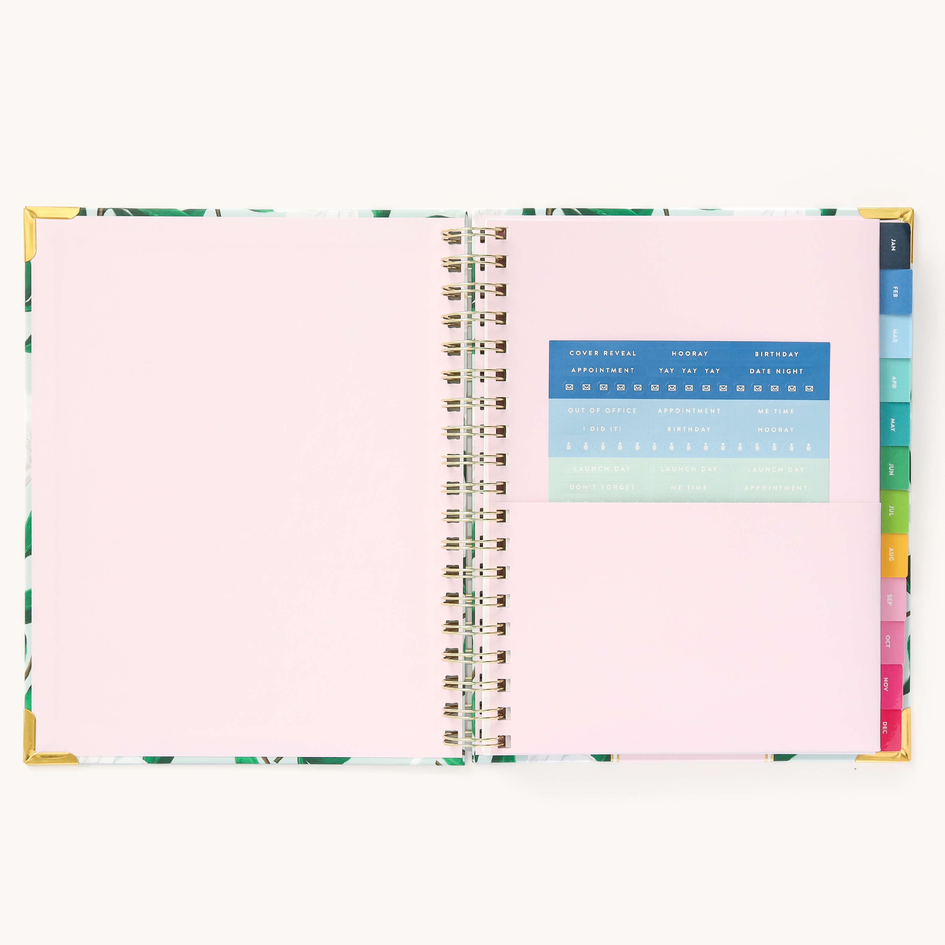 Colorful sticker sheet included in the inner pocket with the 2025 Calendar Year Weekly Simplified Planner by Emily Ley in the Savannah Blooms cover design for customization.