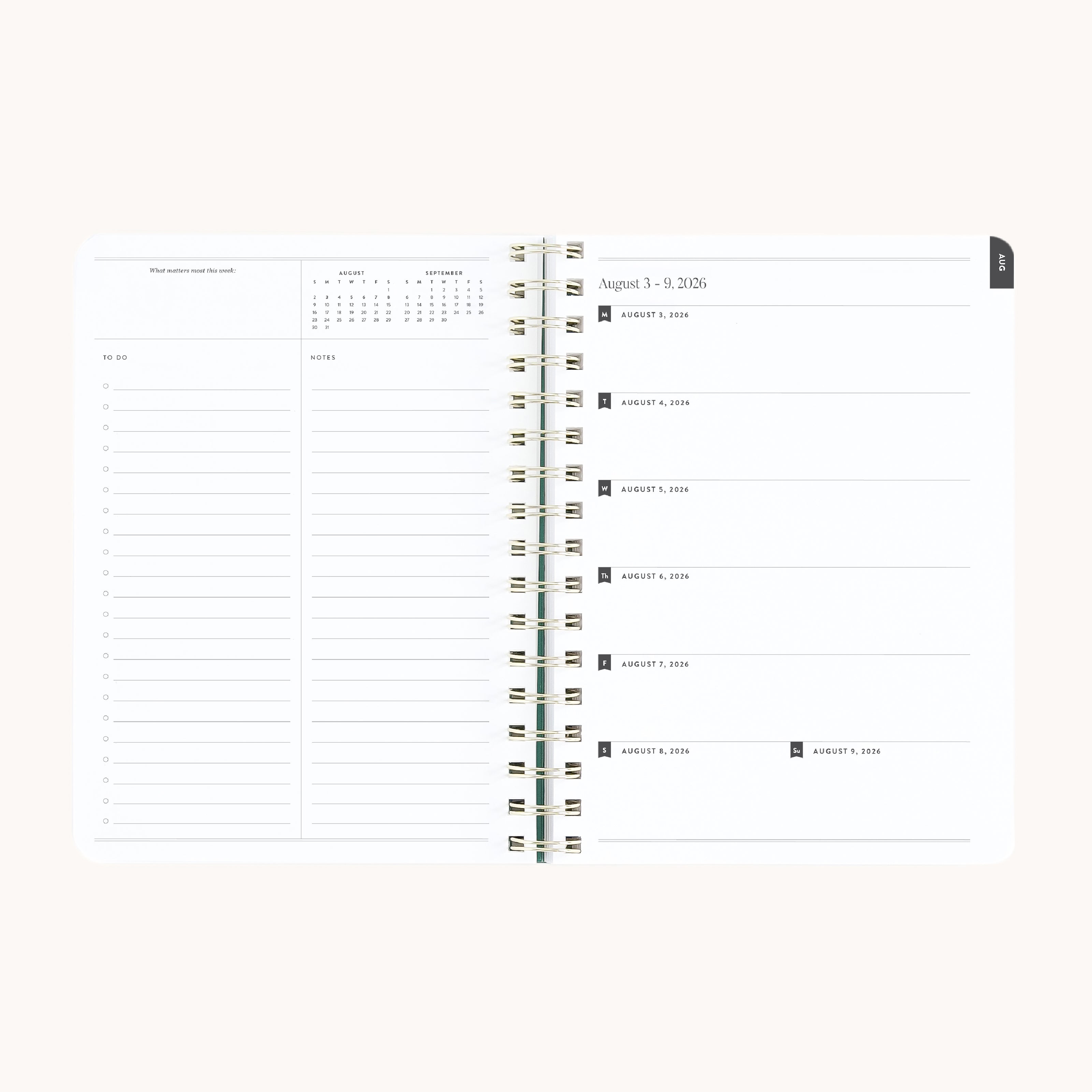 Small softcover weekly planner spread with horizontal weekly layout, space for daily plans, to-do lists, and notes in a clean, minimal design