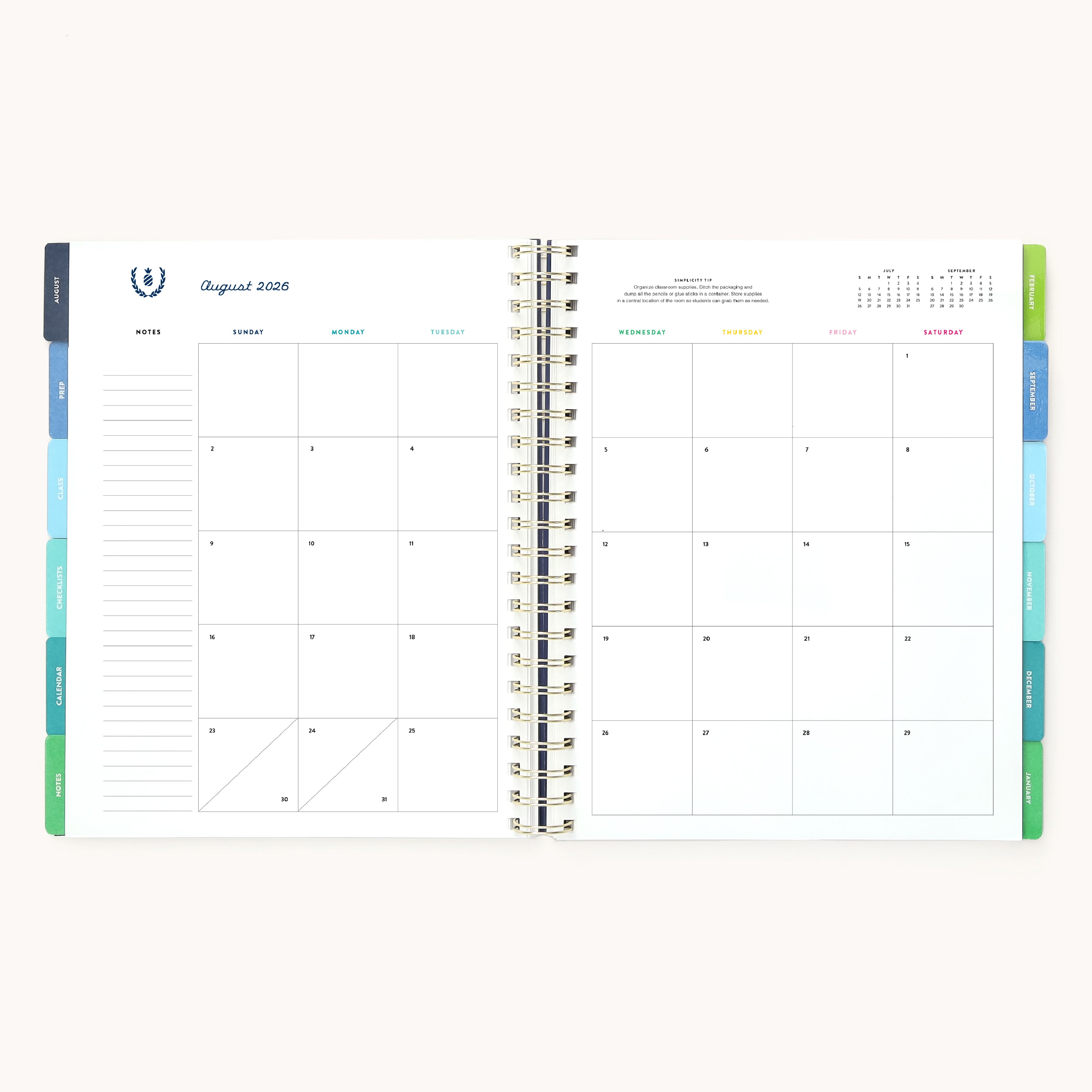 teacher planner monthly calendar spread with clean grid layout for tracking school events, deadlines, and important dates