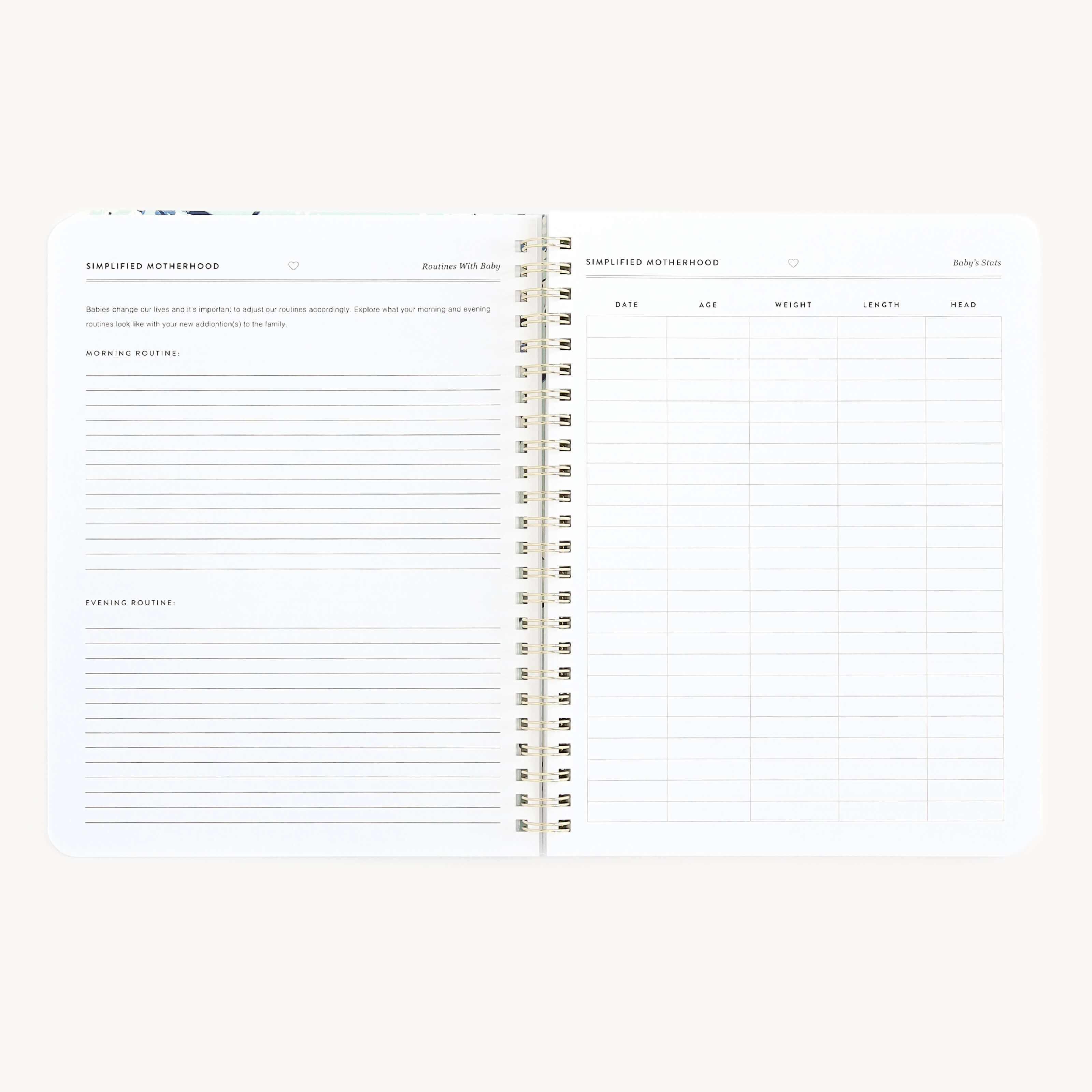 The open spiral-bound Workbook - New Motherhood by Simplified features a left page with lined sections for Morning Schedule and Evening Schedule to help busy parents organize. The right page includes a chart for tracking Date, Age, Weight, Length, and Head.