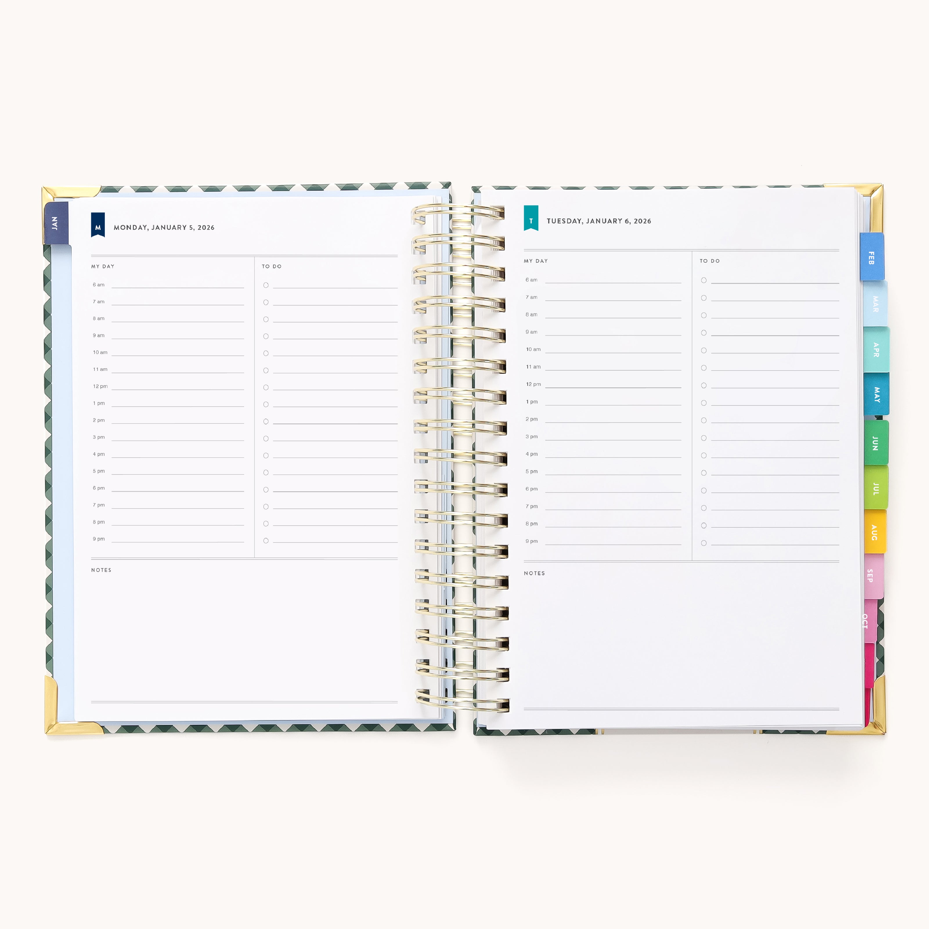 The 2026 Spiral Daily Simplified Planner - Camp Gingham by Simplified features two dated pages with 6 a.m. to 8 p.m. time slots, note lines, and colored tab dividers—ideal for staying organized every day in 2026.