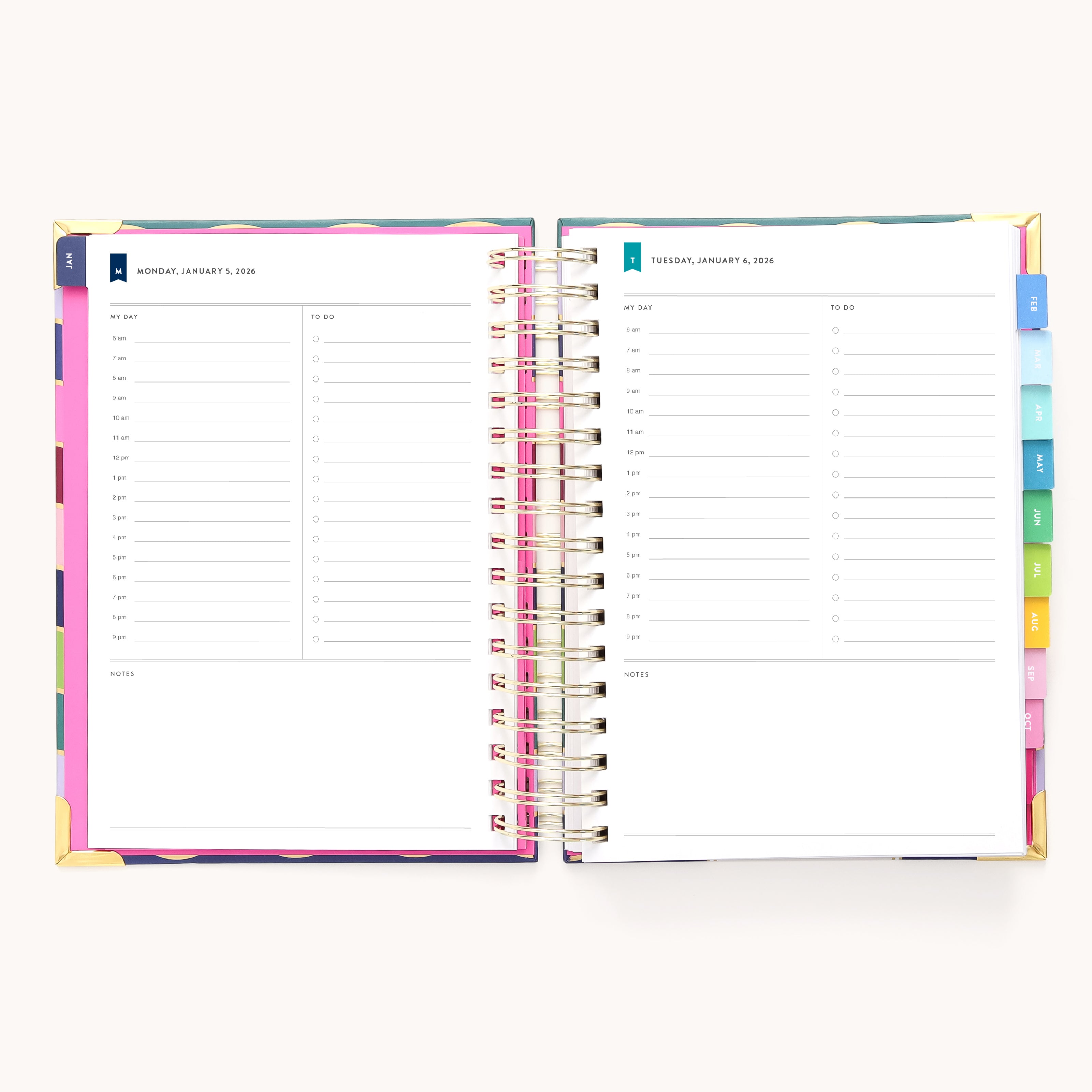 The 2026 Spiral Daily Simplified Planner - Rainbow Row by Simplified features daily planning pages with 6 AM–7 PM time slots, to-do and notes sections, and colorful tab dividers—all in a convenient spiral format.